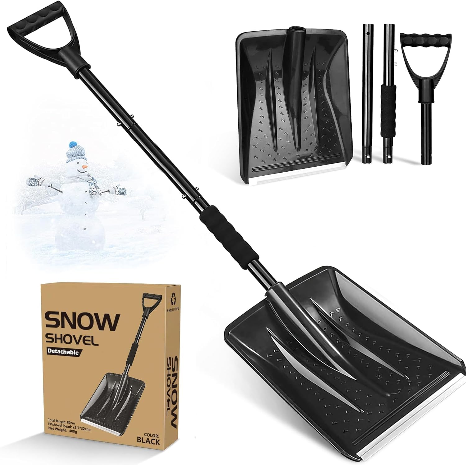 Pala Nieve, 108cm Largo, Borde Resbaladizo de Perfil de Aluminio, Diseño Desmontable de 4 Piezas, Carretilla Elevadora de Nieve Portátil Ajustable para Conducir, Acampar, Jugar con Muñecos de Nieve