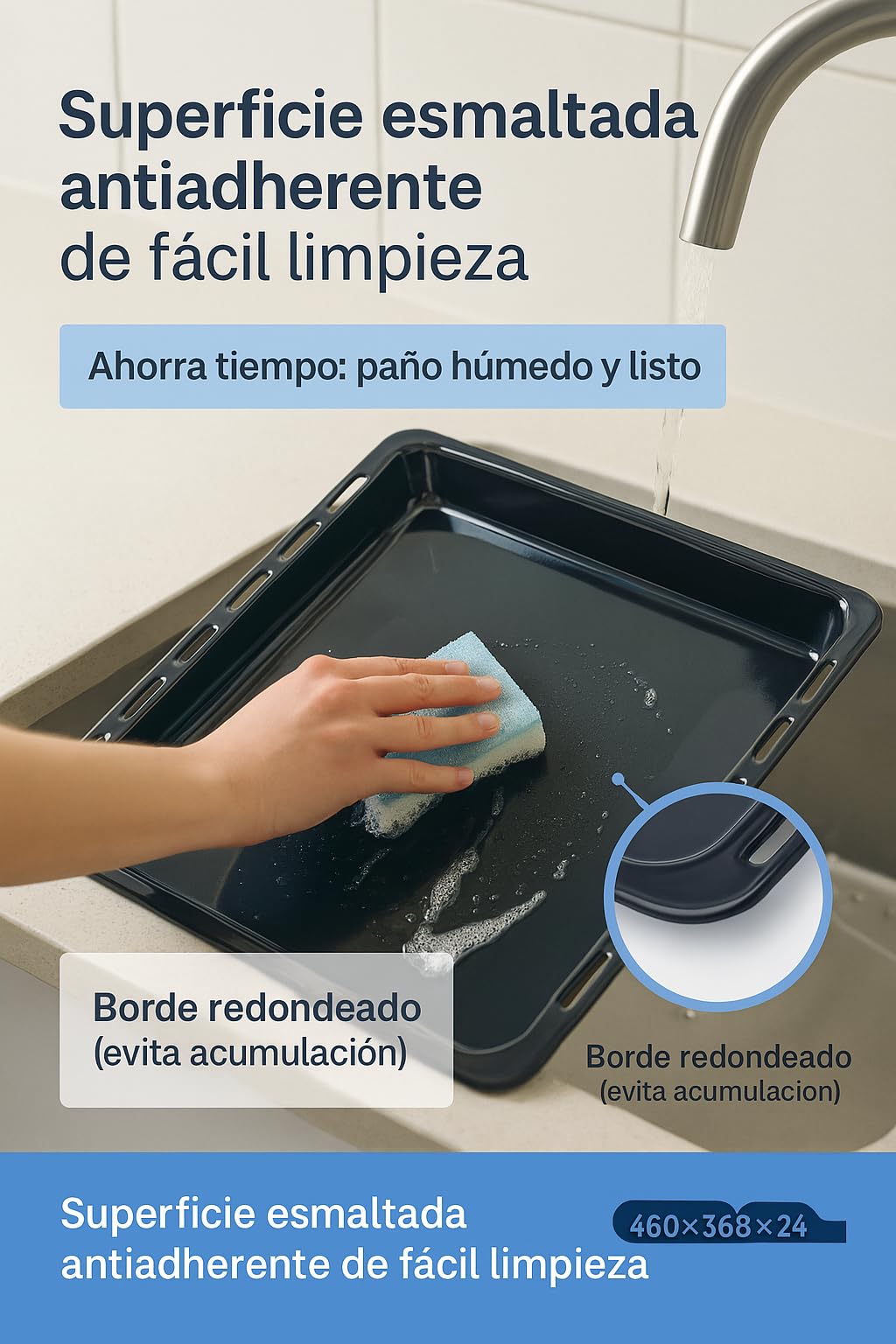 RECAMBIOS DREYMA Bandeja De Horno Esmaltada 460x368x24 mm Compatible con Teka 82405901 Guías Laterales HI435ME HE720ME HC490ME Apta Para Contacto Alimentario Negro Vitrificado Alta Resistencia