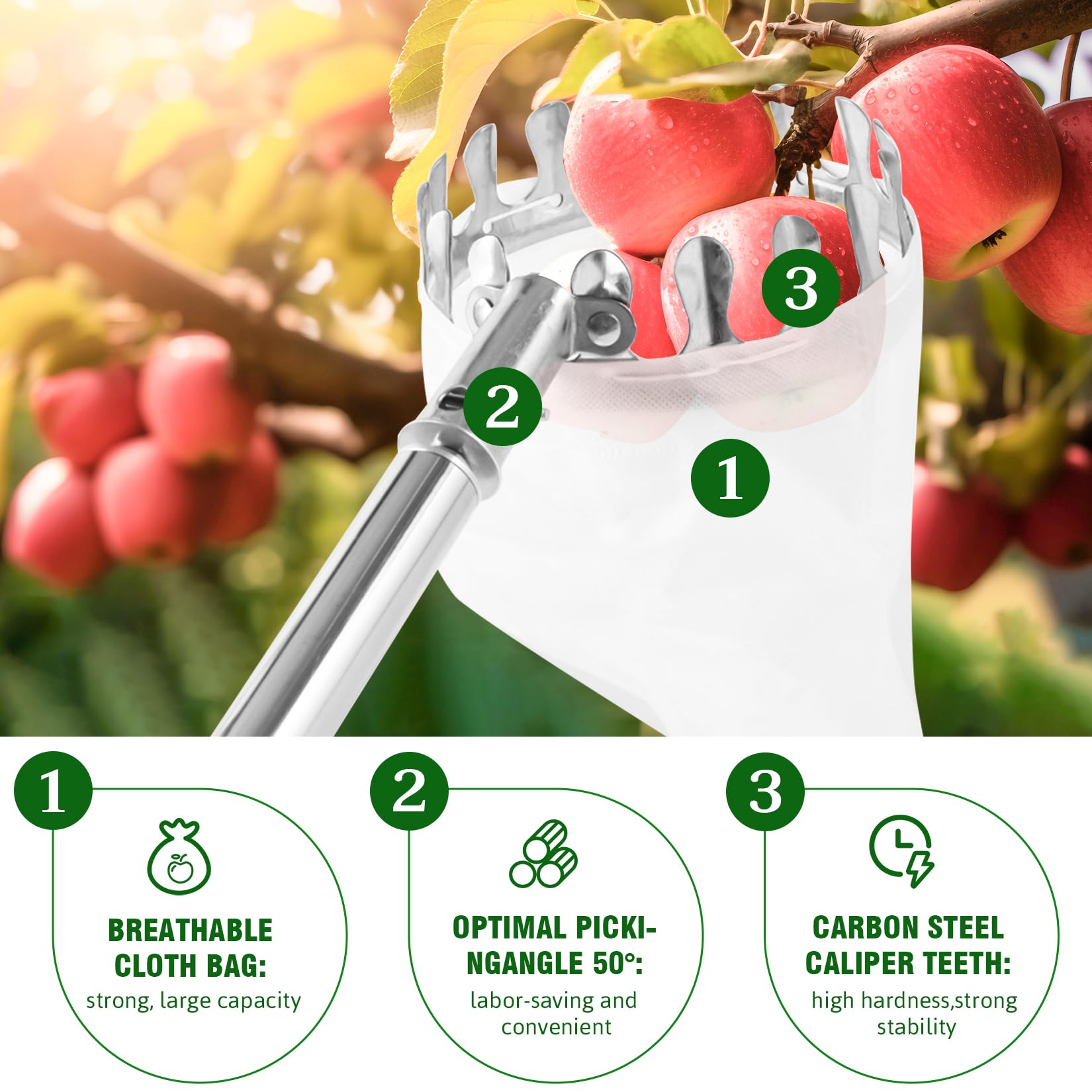 Obstpflücker 4.2M, Apfelpflücker mit Edelstahl Teleskopstiel und Stoff, Pflückhilfe Pflaumenpflücker Kirschenpflücker für Früchte außer Reichweite