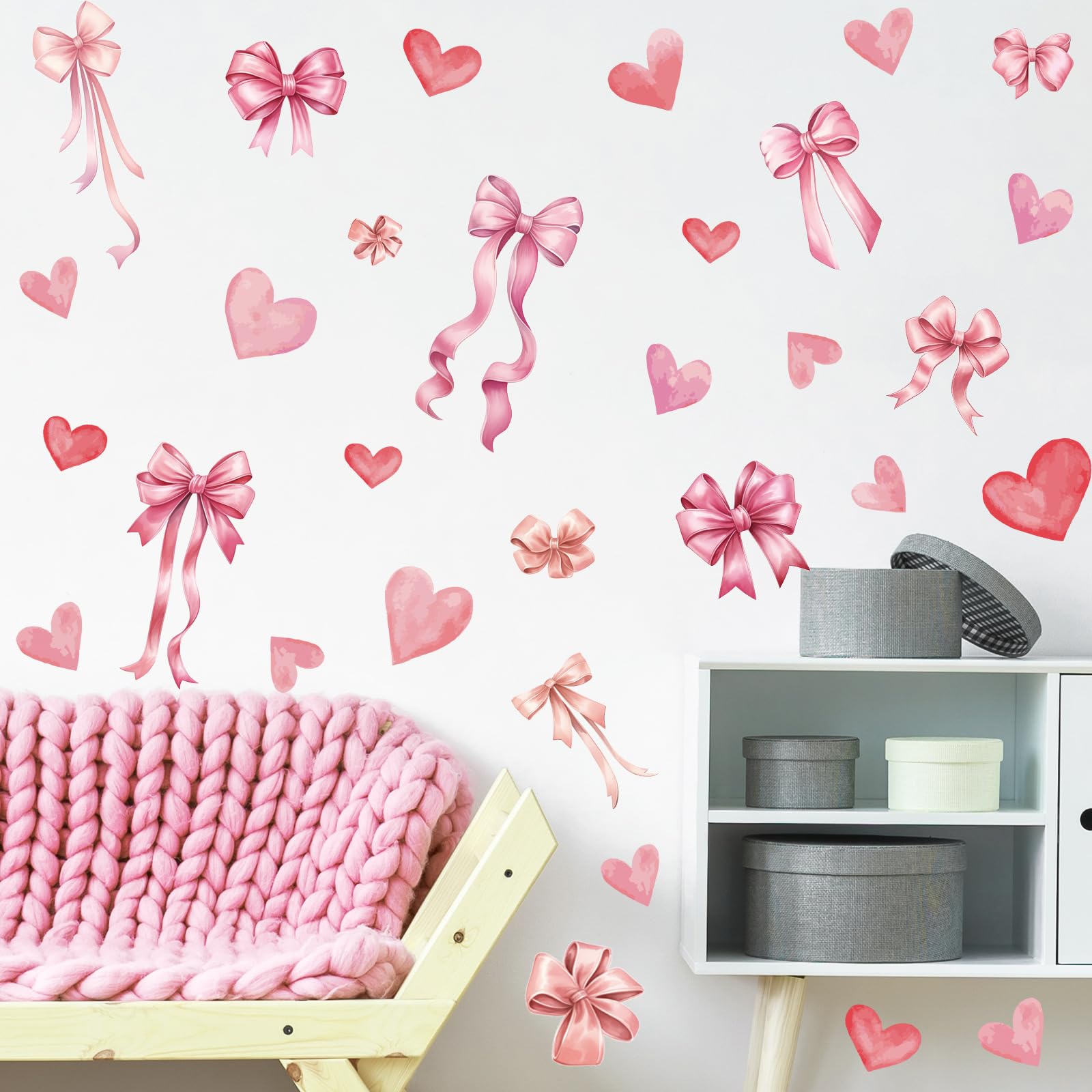 Pink Bow and Heart Wall Decals - 9 Sheets 123 Pcs Bow Knot Wall Stickers Watercolor Bow Heart Peel and Stick Wall Stickers for Girls Room Nursery Bedroom Valentine's Day Décor