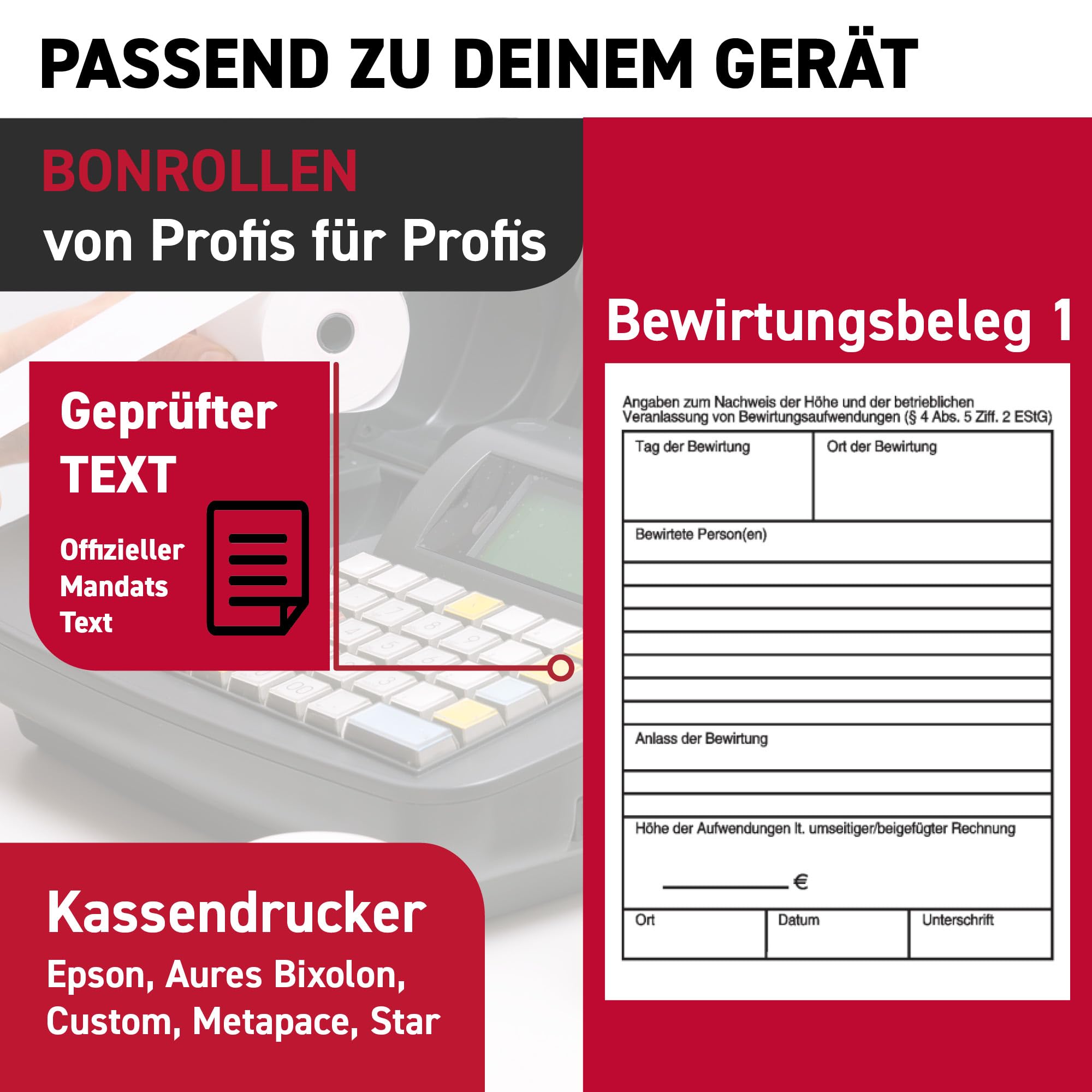 Thermorollen 80 mm x 80 m x 12 mm 55g/m² mit Bewirtungsbeleg für Gastronomie – hochwertige Bonrollen aus BPA-freiem Thermopapier – 40 Kassenrollen mit ⌀ 80 mm