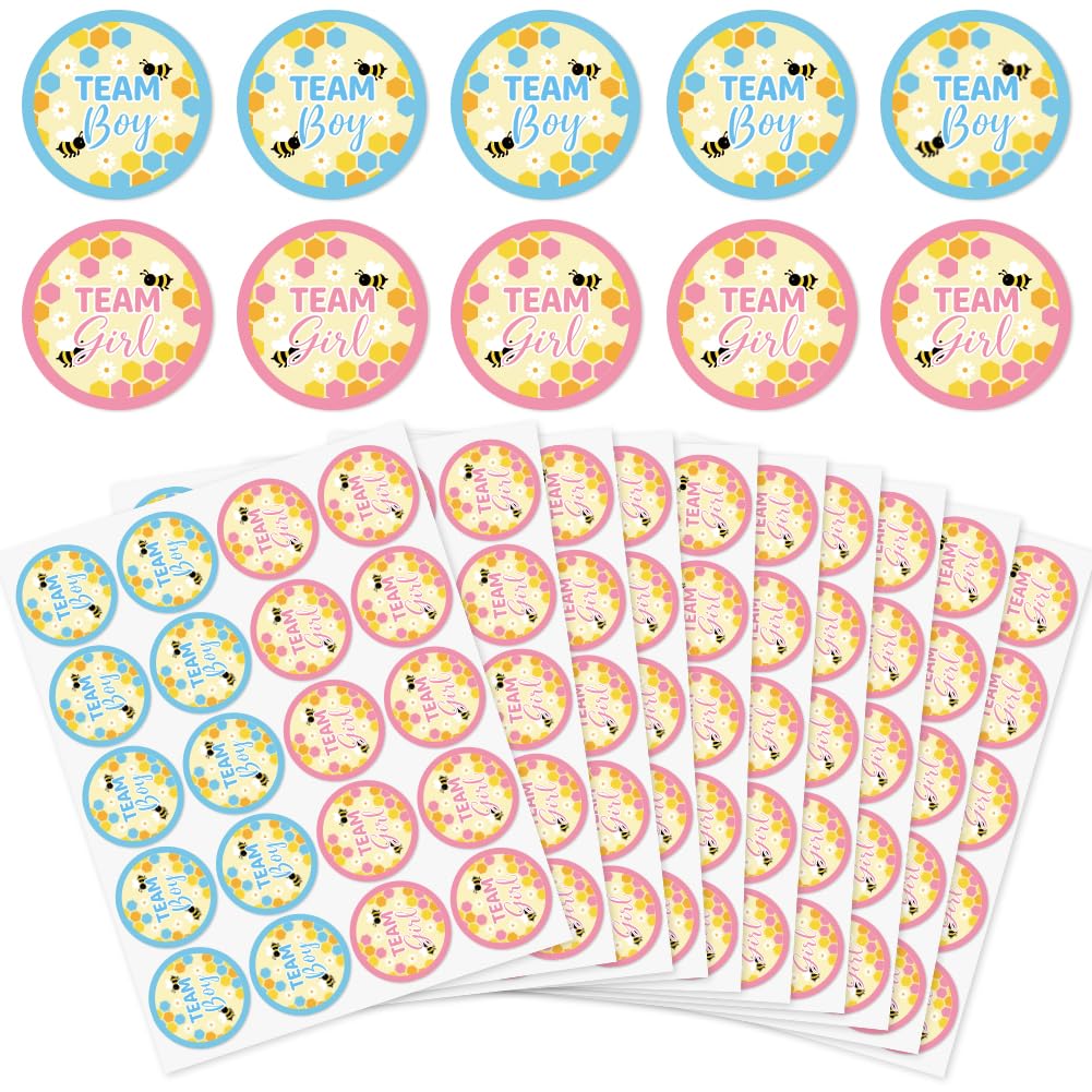 arricraft 200 Pcs Gender Reveal Stickers, 5cm/1.97inch Cartoon Bee Hive Theme Round Self-Adhesive Gender Reveal Labels Decorations Party Supplies Stickers for Shower Party Voting Game Ideas
