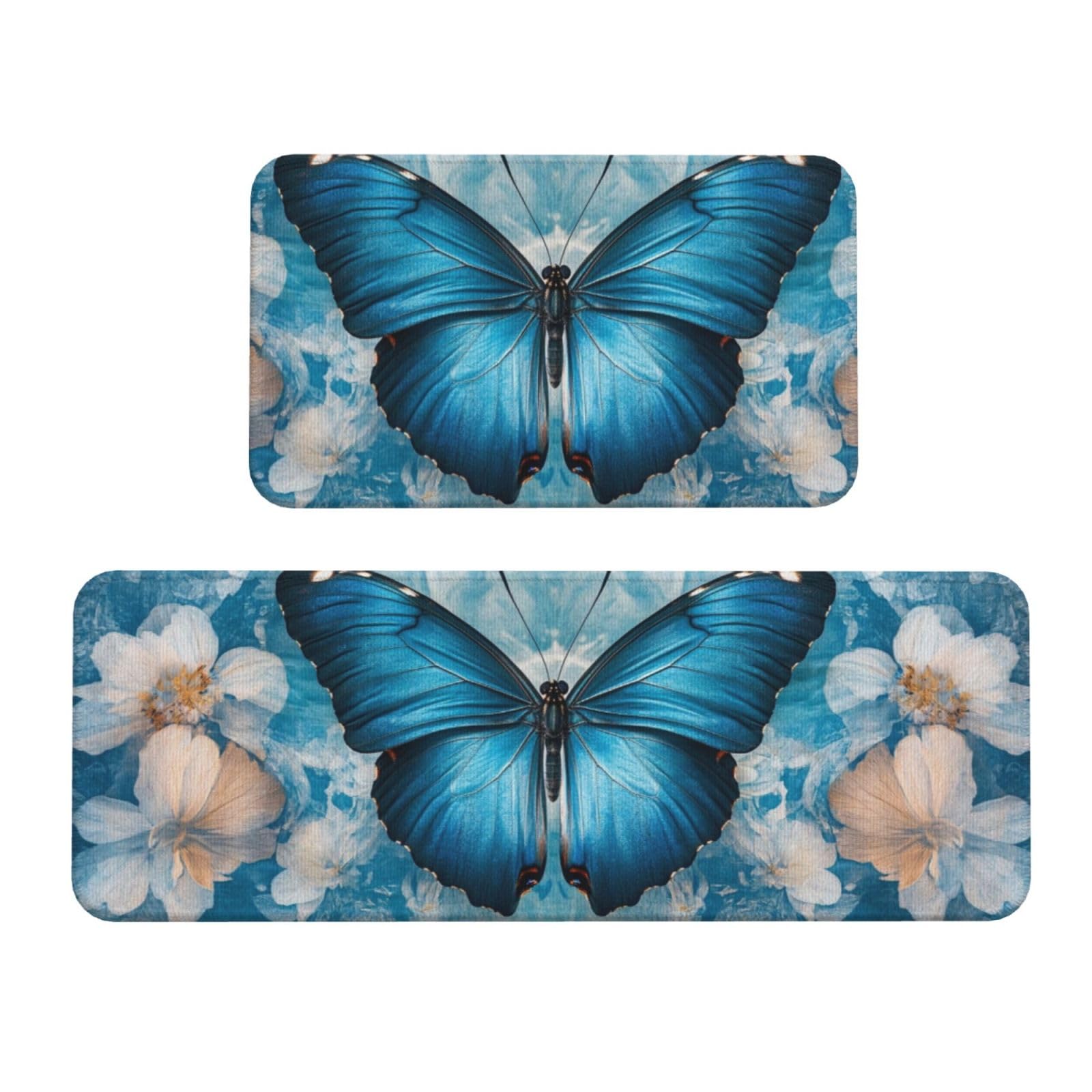 Tapetes de cocina acolchados y antideslizantes con diseño de mariposa azul