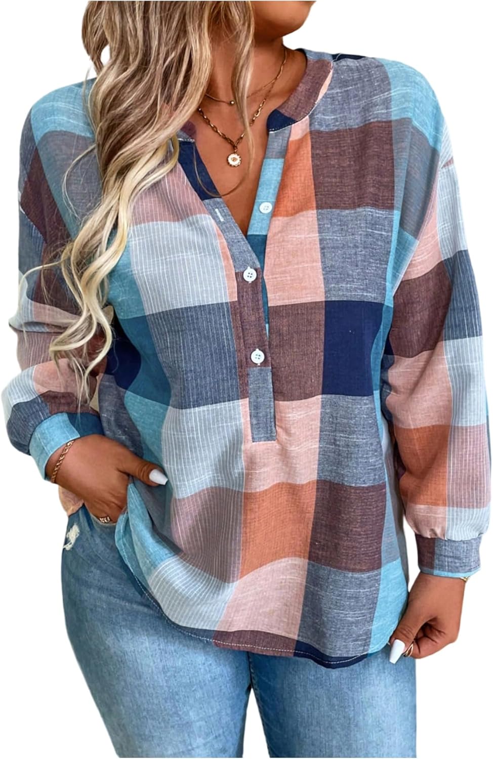 SOLY HUX Women's Plus Size Plaid Blouse Notched V Neck Long Sleeve Button Casual Fall Tops