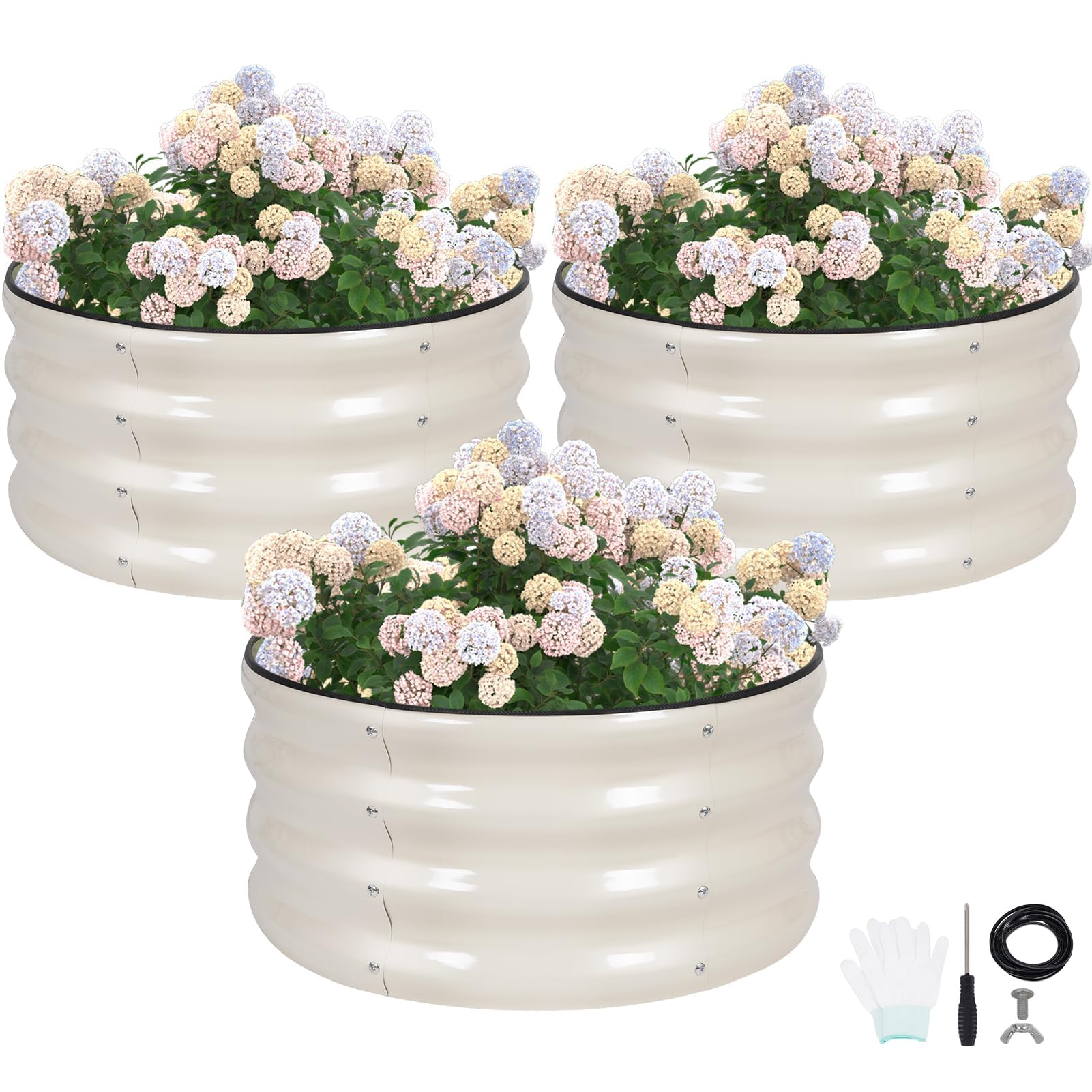 Vireo Garden White Round Raised Garden Bed - 60X60x30cm Galvanized Steel Planter Boxes Outdoor With Rubber Edge Trim | Metal Raised Beds For Gardening Vegetables Flowers Fruits Herbs (3Pc -)