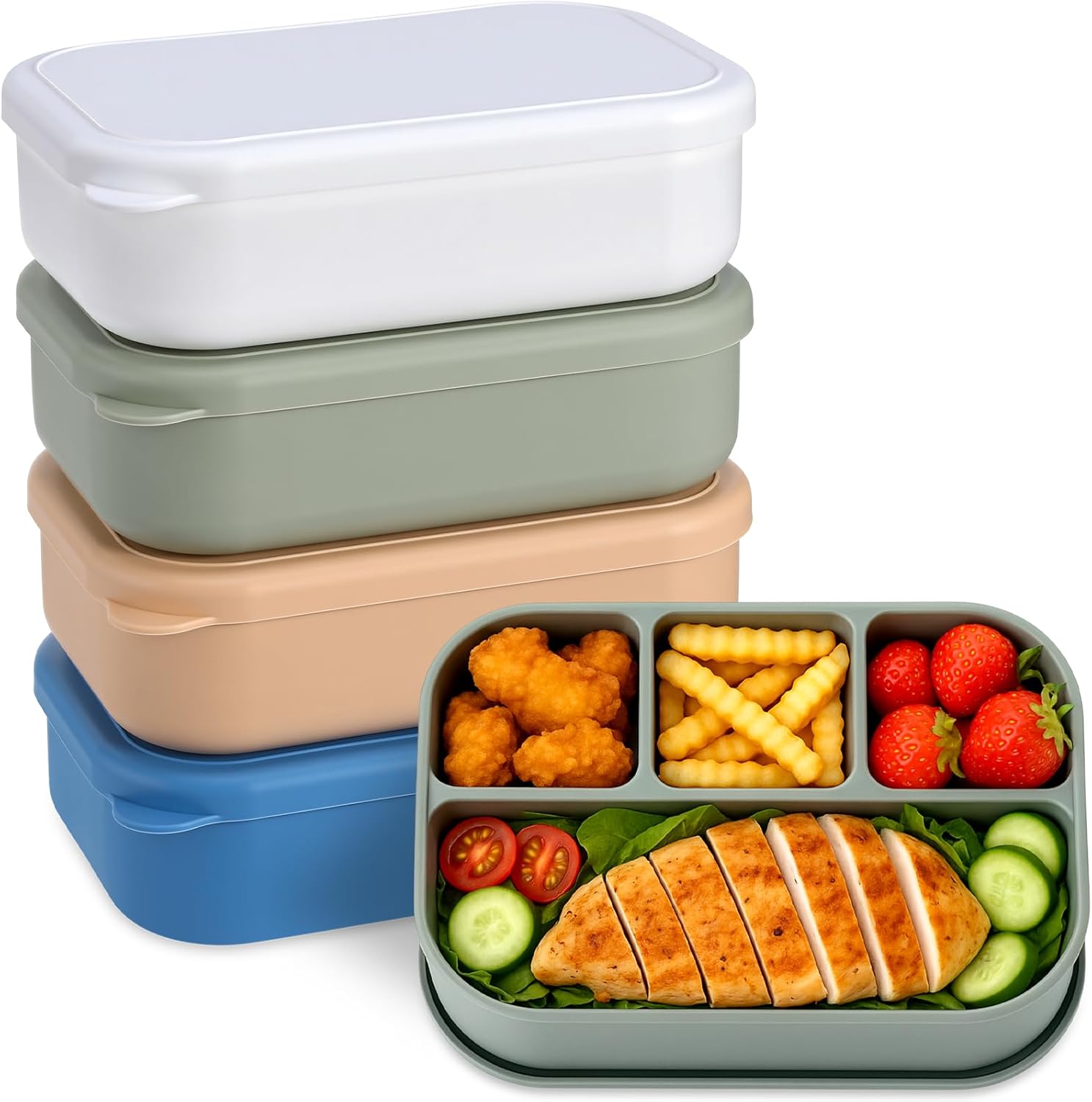 4 Pcs Large 7.6x5x2 Inches Silicone Bento Box Reusable Lunch Container Leakproof Snack Meal Boxes for Work Travel Food Storage Microwave Dishwasher Freezer Safe 4 Compartment(Brilliant Color)