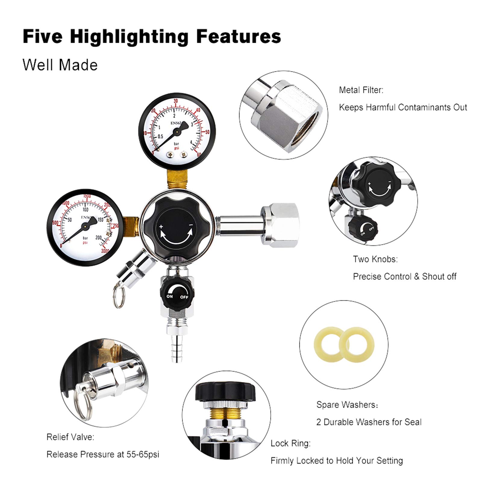 FERRODAY Dual Gauge CO2 Draft Beer Regulator Dual Stage Pressure