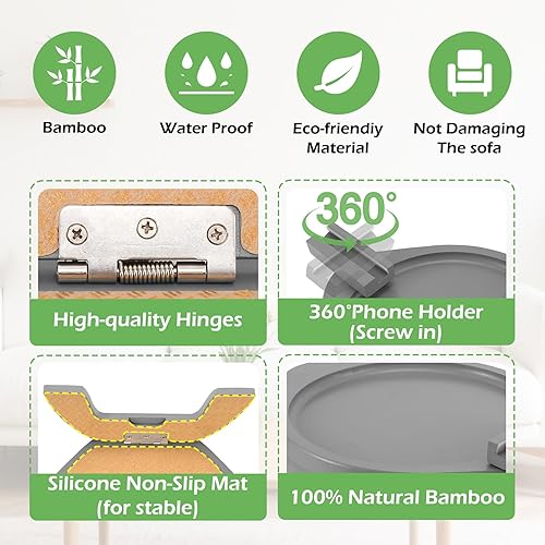 Miniatura 21 de SINWANT Mesa de brazo para sofá, bandeja redonda de bambú con clip para sofá con soporte para teléfono de 360°, mesa plegable para reposabrazos