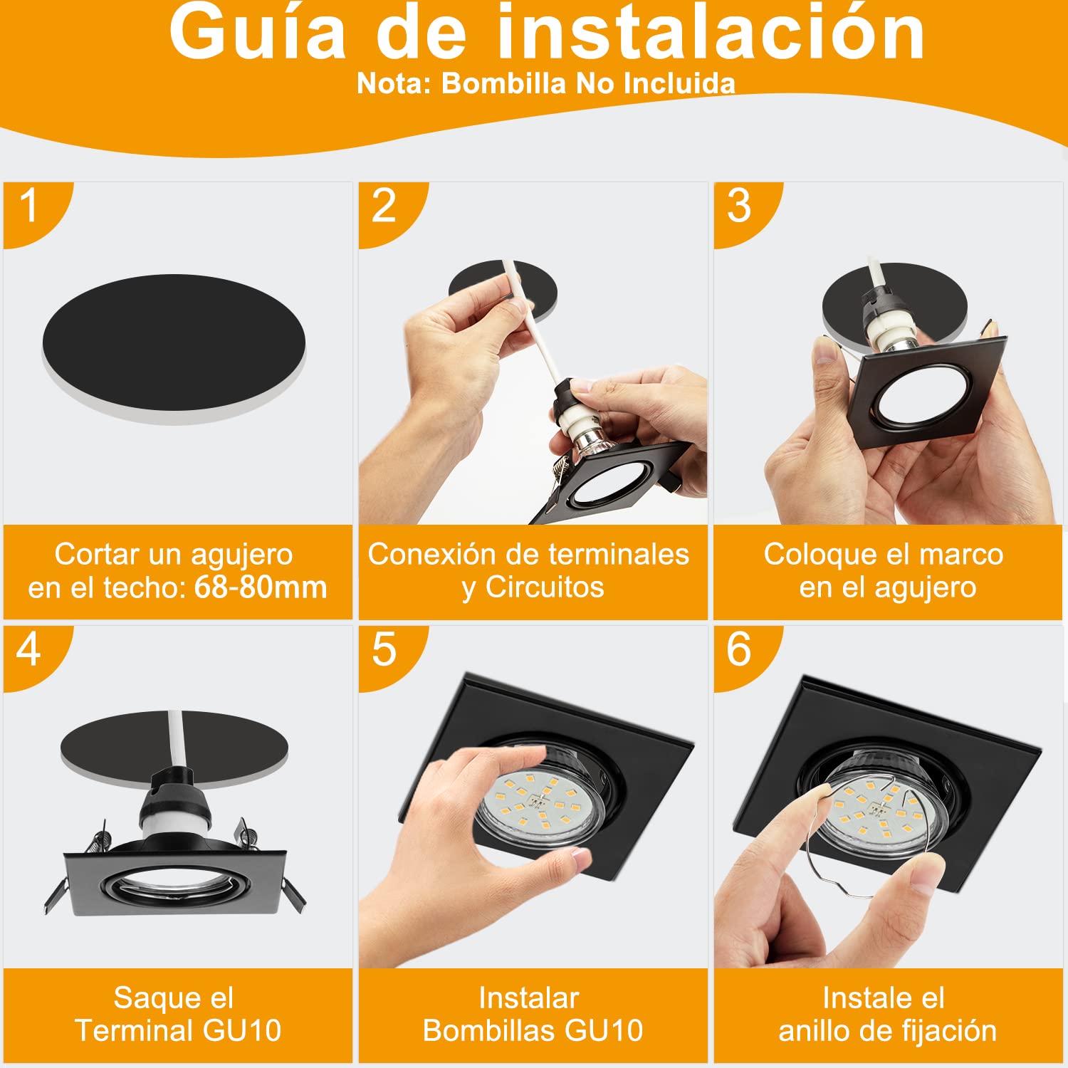 Bojim Ojos de Buey Marco Alogenos LED Foco Empotrable Techo GU10, Aros Focos Halogenos Empotrado Orientable Negro Cuadrados Empotrar GU 10 Agujero 68mm - 85mm 10 Pack, Sin Bombilla