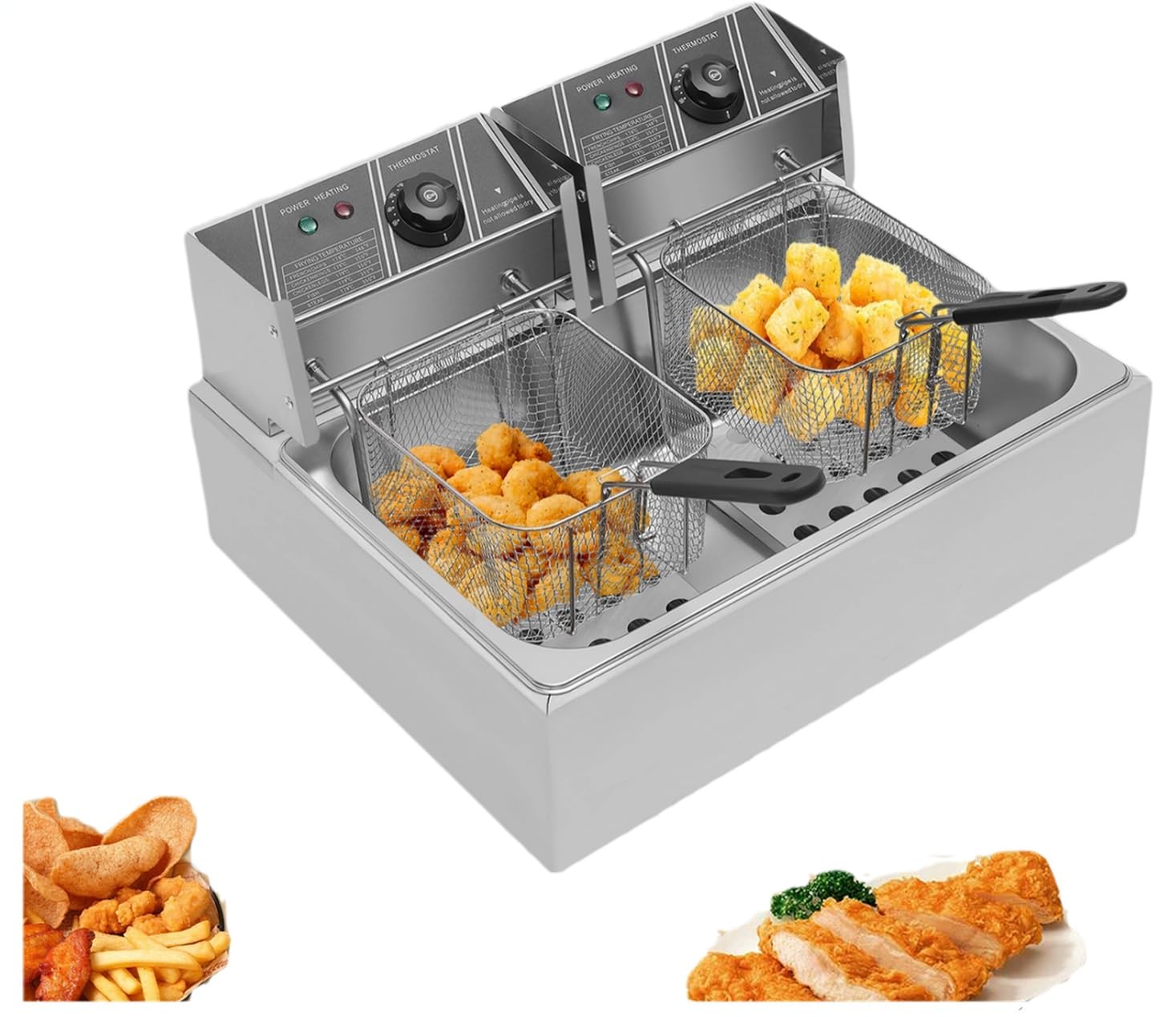 Frytkownica elektryczna, 12 l, elektryczna frytkownica na olej, 3200 W, podwójna frytkownica, nadaje się do mycia w zmywarce, zakres temperatur 60 ° C-200 °C do kuchni hotelu na imprezę karnawałową