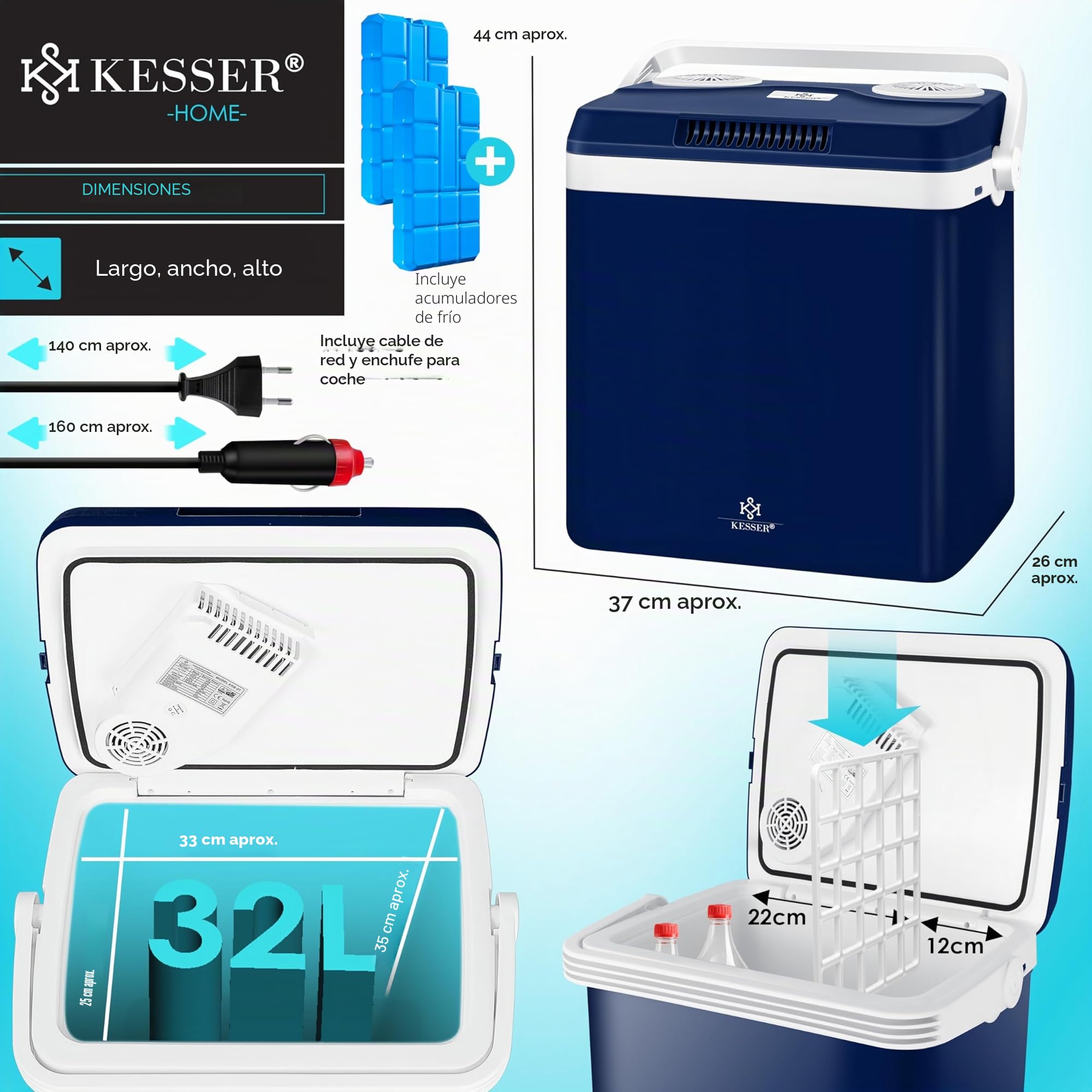 KESSER® Nevera eléctrica portátil de 32 L 12 V, Enchufe de 230 V | ENFRÍA y CALIENTA | Refrigerador Termoeléctrica | con 2X acumulador de frío