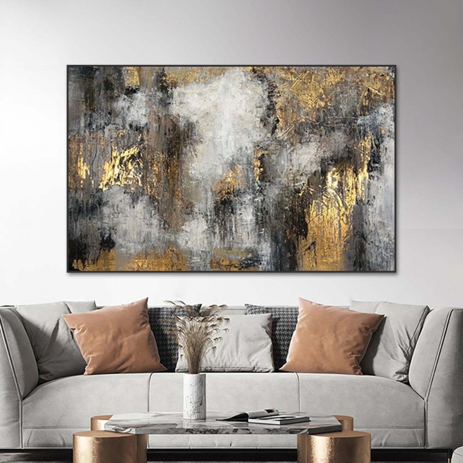 Jacbon Frameless Morden Abstract Oil Painting On Canvas Gold Black Grey Extra Large Size Wall Art Prints For Living Room Decor 60X90cm（24X35inch