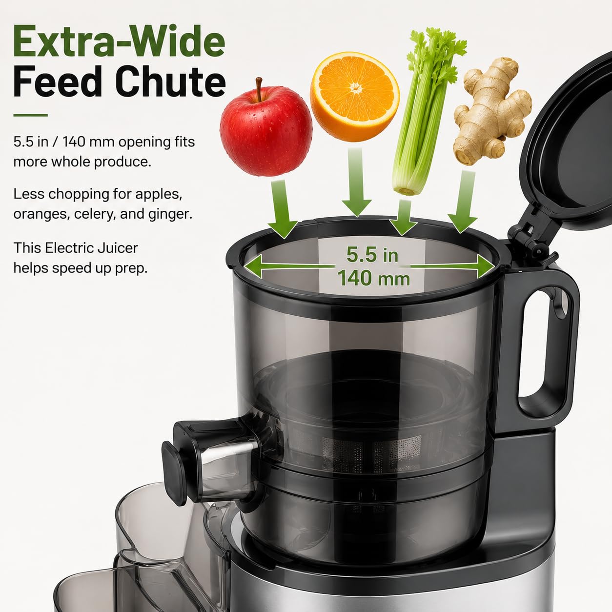 Extracteur de jus à froid, goulotte de 5,5 pouces, 300 W, 60 tr/min