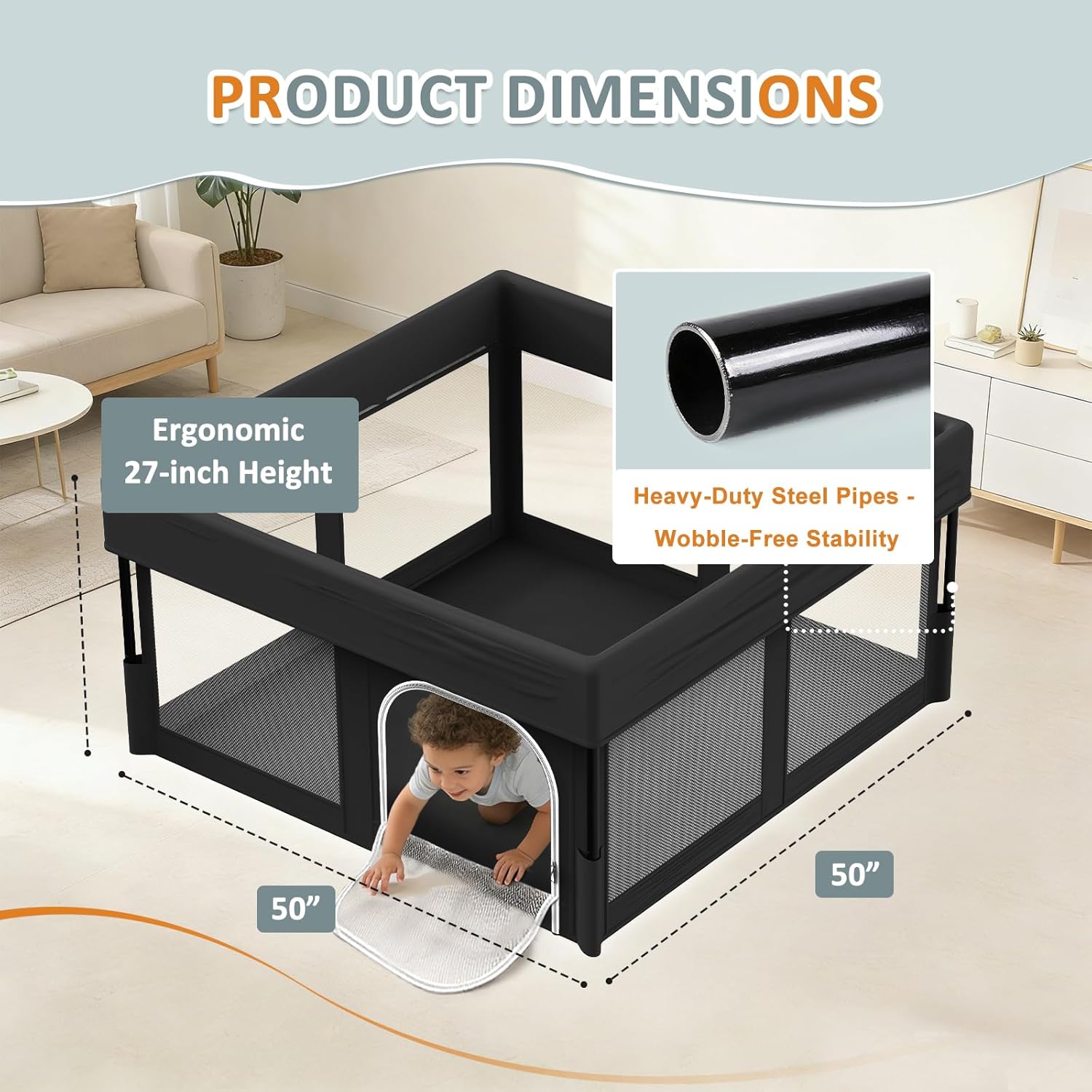 Foldable Baby Playpen, 50"×50" Play Yard for Toddlers, Portable & Collapsible Playpen with Gate, ASTM & CPSC Certified, Skin-Friendly & Breathable Mesh, Ideal for Indoor & Outdoor Use with Bag