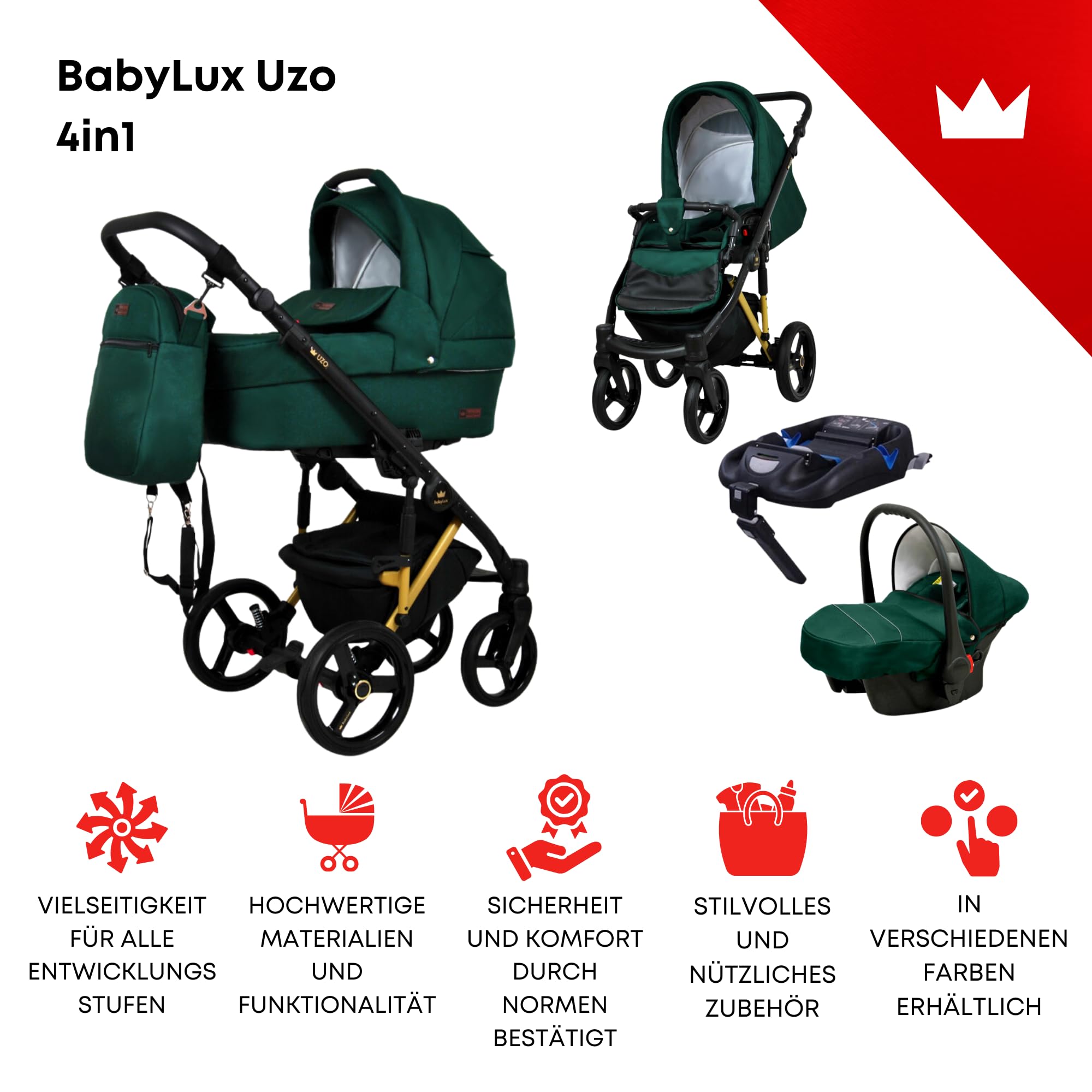 BabyLux® Bambini Passeggino Completo Set 4 in 1 - UZO - incl. Navicella, Canna, Seggiolino Auto, ISOFIX Base - Carrozzina Neonati Sistema Combinato - con Borsa fasciatoio ecc.