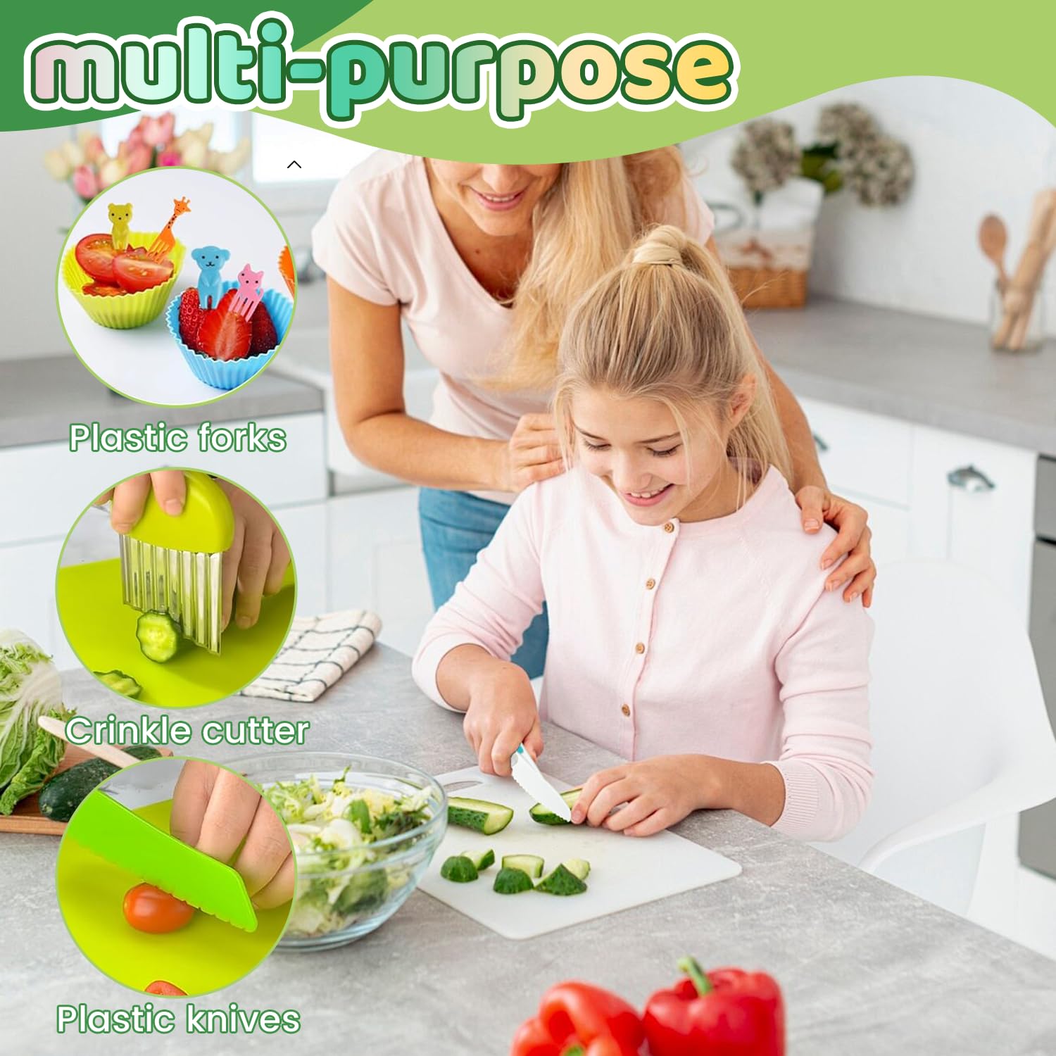 Juego de Utensilios de Cocina 28 Piezas, Cuchillos Montessori Seguros para Niños, Utensilios BLW sin BPA, Cortador de Frutas y Verduras, Cocinita Infantil Educativa, Regalo Ideal para Niños de 2-6 Año
