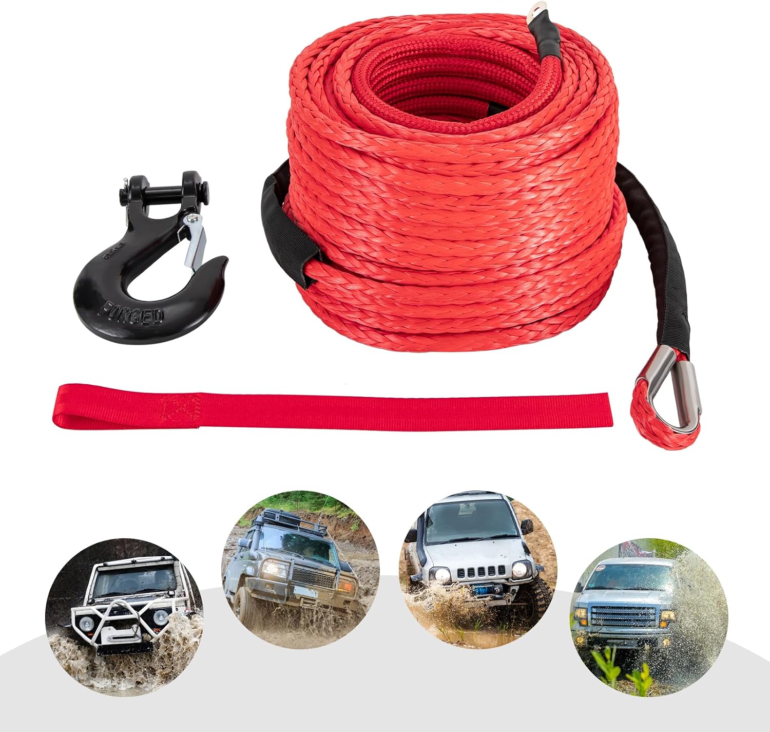 Synthetic Winch Rope with Hook Winch Cable 23,809 LBS with Protective Sleeve, Car Tow Recovery Cable for 4WD Off-Road Vehicle Truck ATV UTV SUV Breaking Strength(3/8" x100ft Red)
