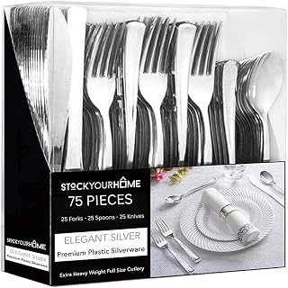 75 Pieces Heavy Duty (Silver) Plastic Silverware Set, Disposable Cutlery Set, Great for Parties, Weddings, and Catering, Flatware Utensils Included: 25 Forks, 25 Spoons, 25 Knives, Stock Your Home