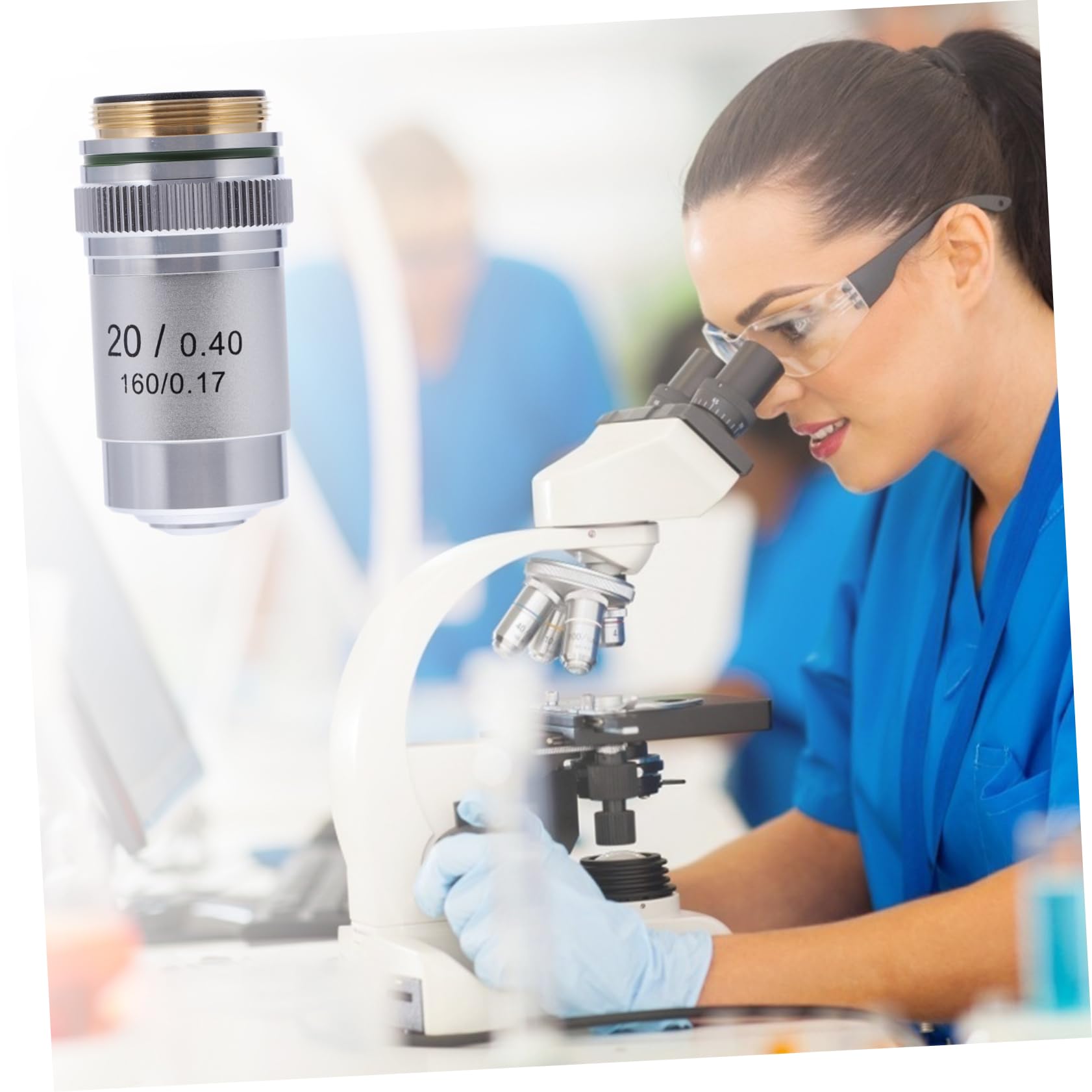 Lente Obiettivo Acromatica 20x in Acciaio per Microscopio Biologico | Montaggio Filettato Standard 20, 2mm, Vetro Coprioggetto 0, 17mm, Distanza di Lavoro 0, 55mm
