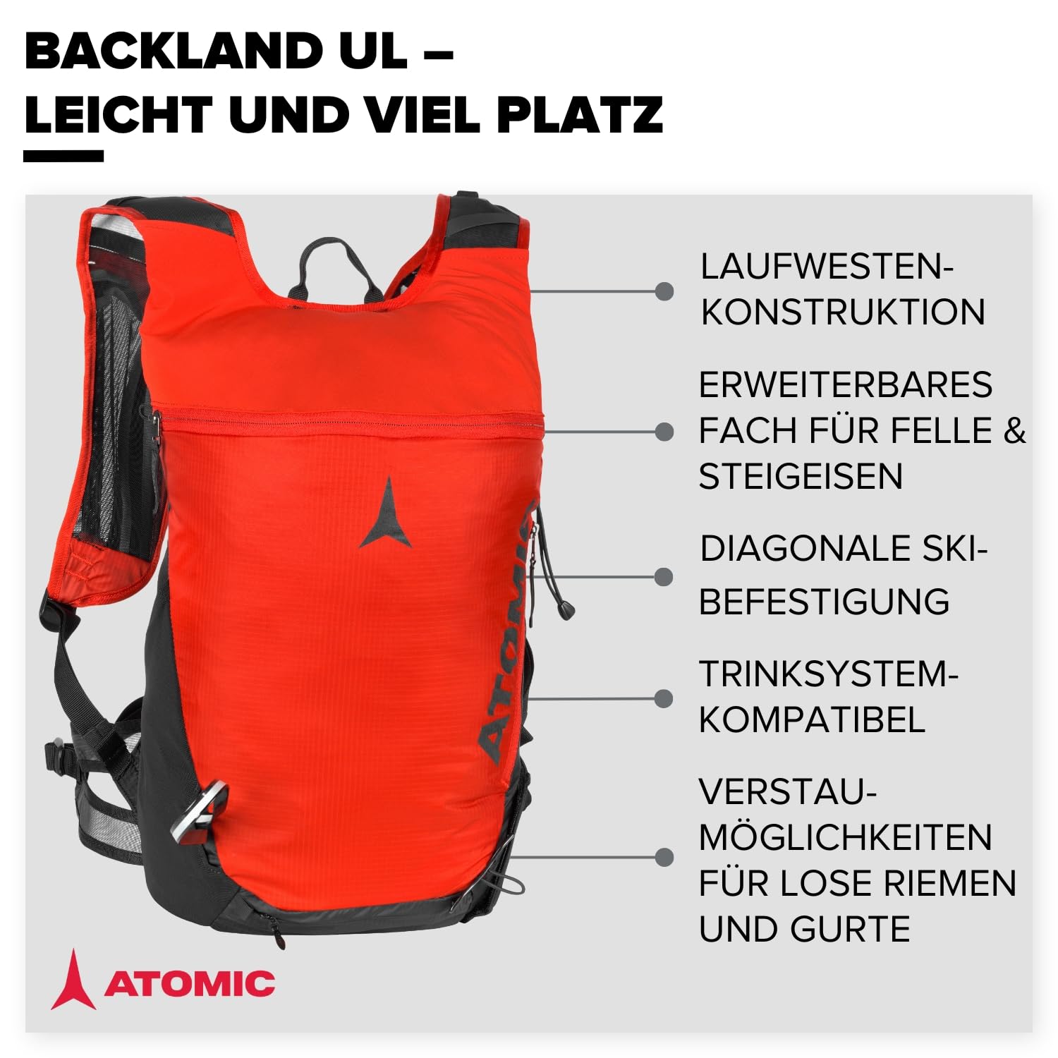 Atomic Backland UL 16+ - 16-20L Skitourenrucksack - Fächer für Lawinenausrüstung, Felle & Steigeisen - Schnellbefestigung für Ski - Ideal für schnelle Touren
