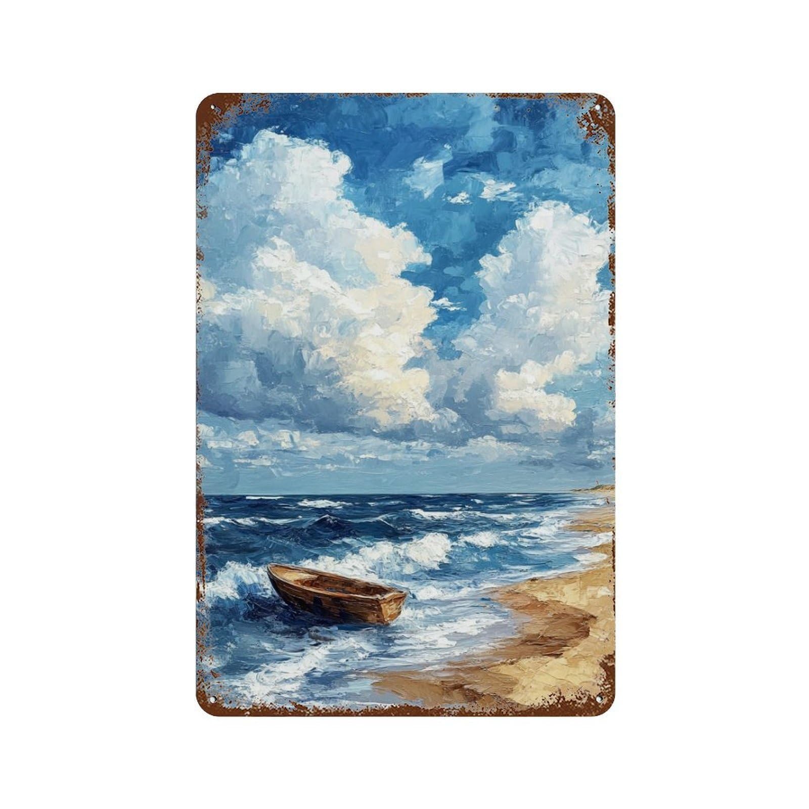 Beach Scene with Boat Aged Metal Wall Plaque 11.8"x7.9", Classic Wall Plaque for Garage, Pub Or Kitchen
