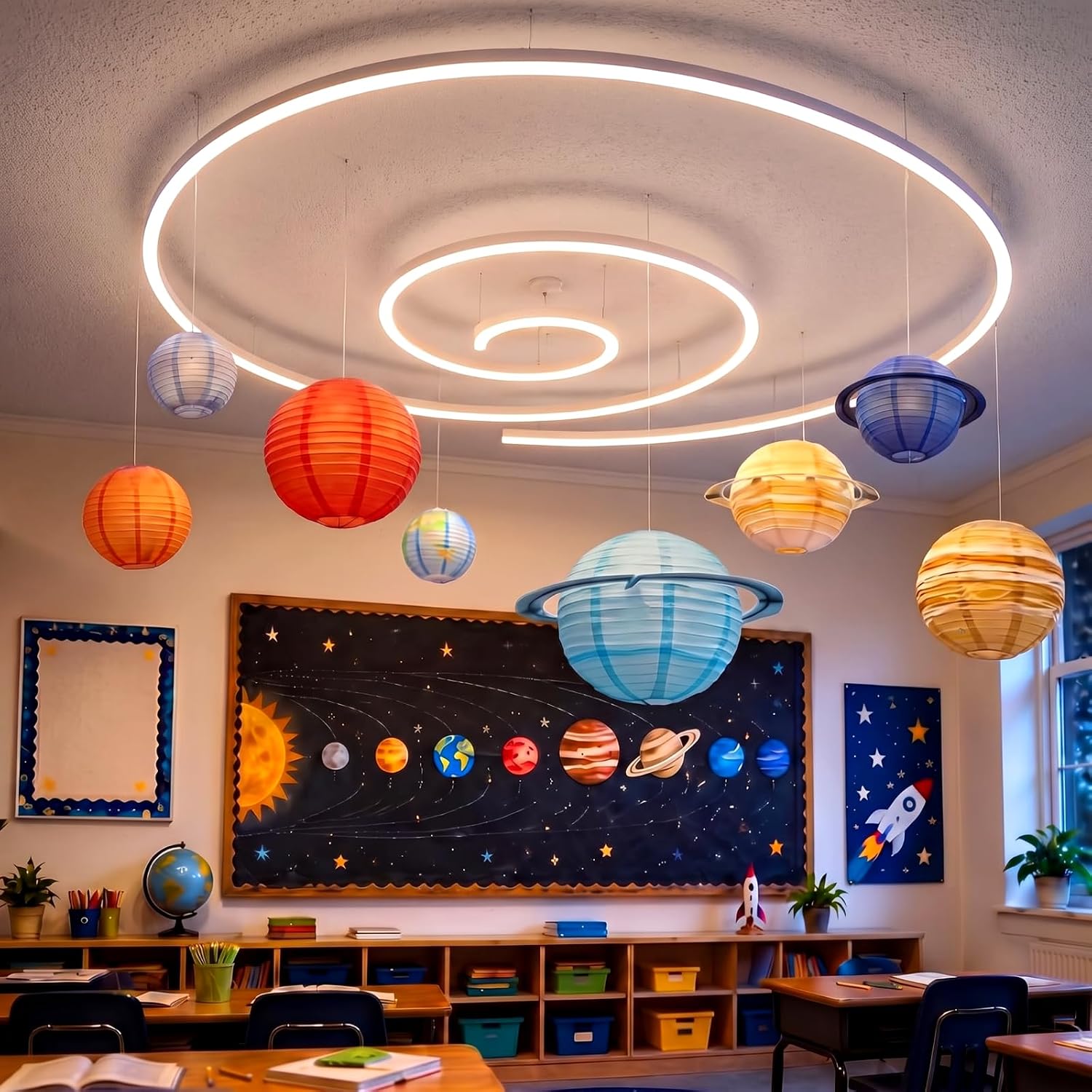 VioraWhite 9 Pcs Space Theme Ceiling Hanging Decoration for Classroom | 8 Paper Lanterns, 16.4 ft Battery String Light, Outer Space and Solar System Party Decoration, for Back to School Room