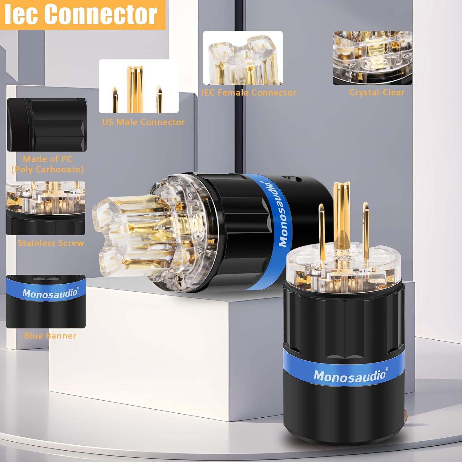 Monosaudio HiFi Power Plug Pure Copper 15A/125V 10A/250V IEC C13/C15 Power Connector Hi-end Audio Power Plug for DIY Audiophile Power Cord HiFi Audio AC Power Cable(Gold Plated)（M105G/F105G）