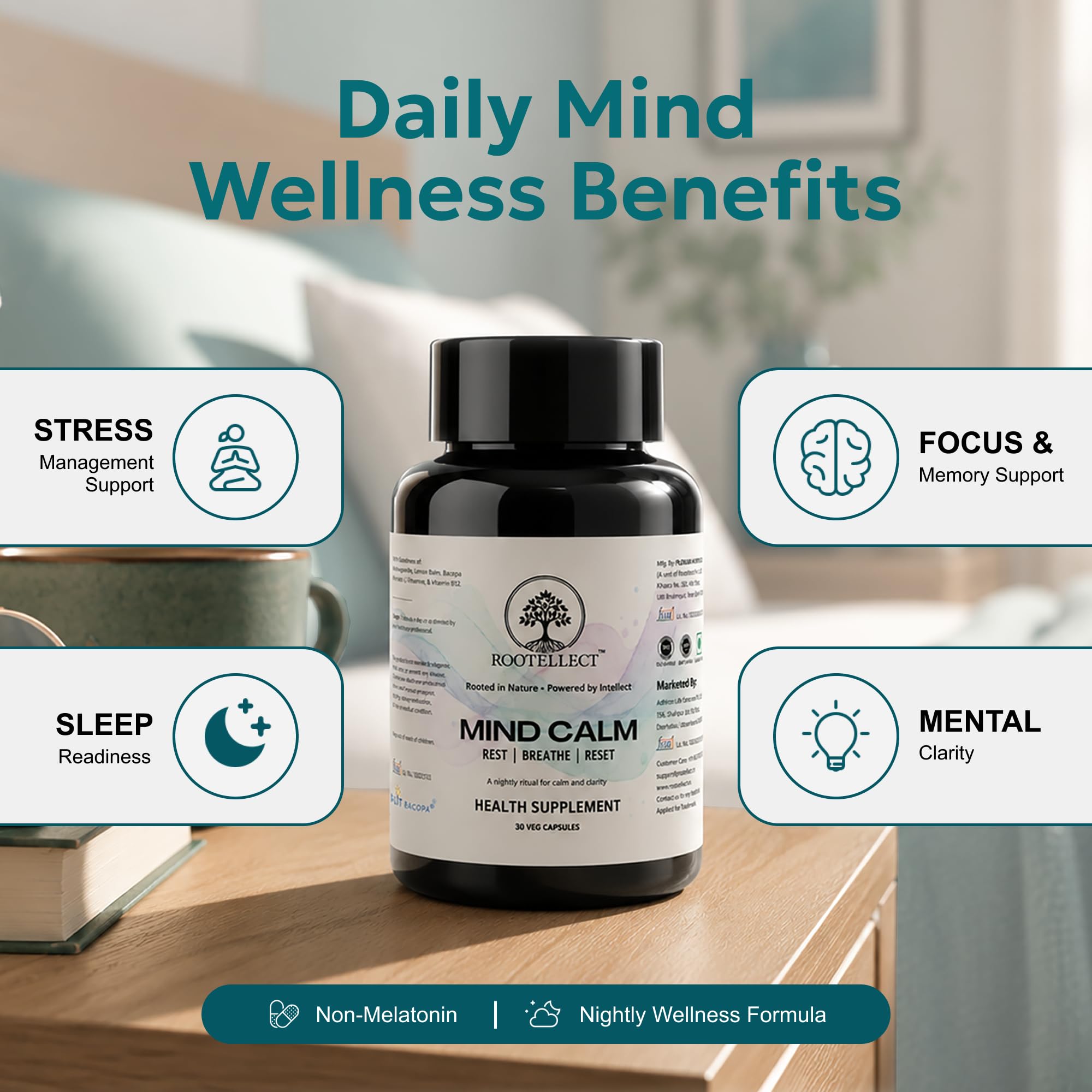Mind Calm Supplement with B-LIT® Bacopa (Brahmi) 300 mg, L-Theanine & Jatamansi for Mental Clarity, Focus, Memory & Stress Relief | Brain & Focus | Non-Melatonin Sleep Supplement | 30 Veg Capsules — Amazon image 2