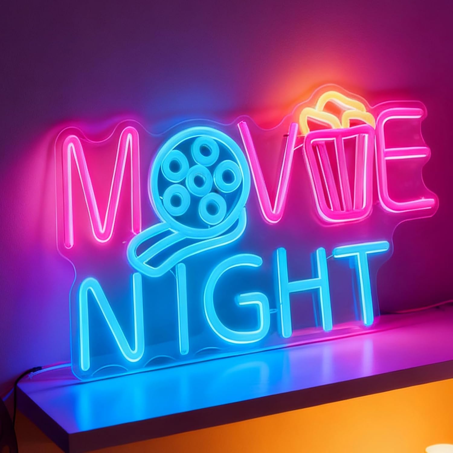Movie Night LED Neon Sign, Popcorn Film Reel Neon Light, Home Theater Living Room Game Room Decor Movie Party Display USB Powered Decorative Light Wall Table Accent 15.7 x 9.6 In