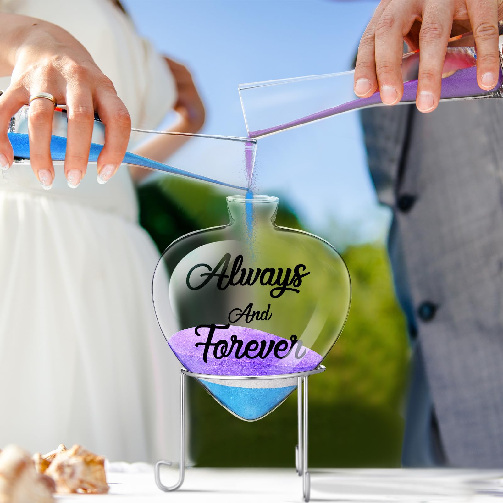 Irenare Ensemble de 7 pièces de sable d'unité pour cérémonie de mariage comprenant 1 bouteille en forme de cœur, 3 vases de cérémonie de mariage, 3 sables avec support en métal, bouchon en liège pour