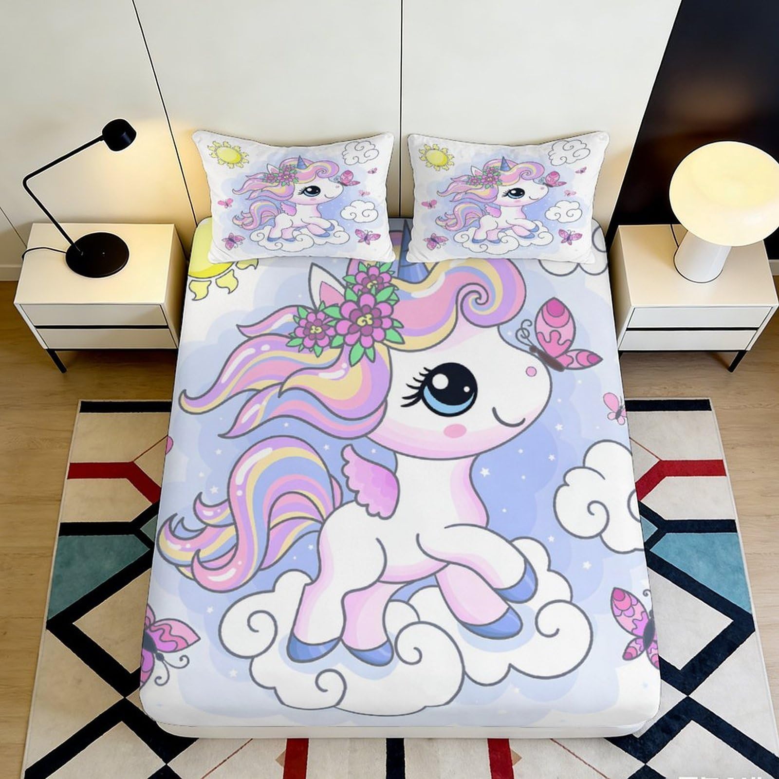 3D Printed Pastel Unicorn Fitted Sheet Microfiber Soft Bed Cover Butterfly Motif Bedroom Decor Mattress Protection 90x200x25cm