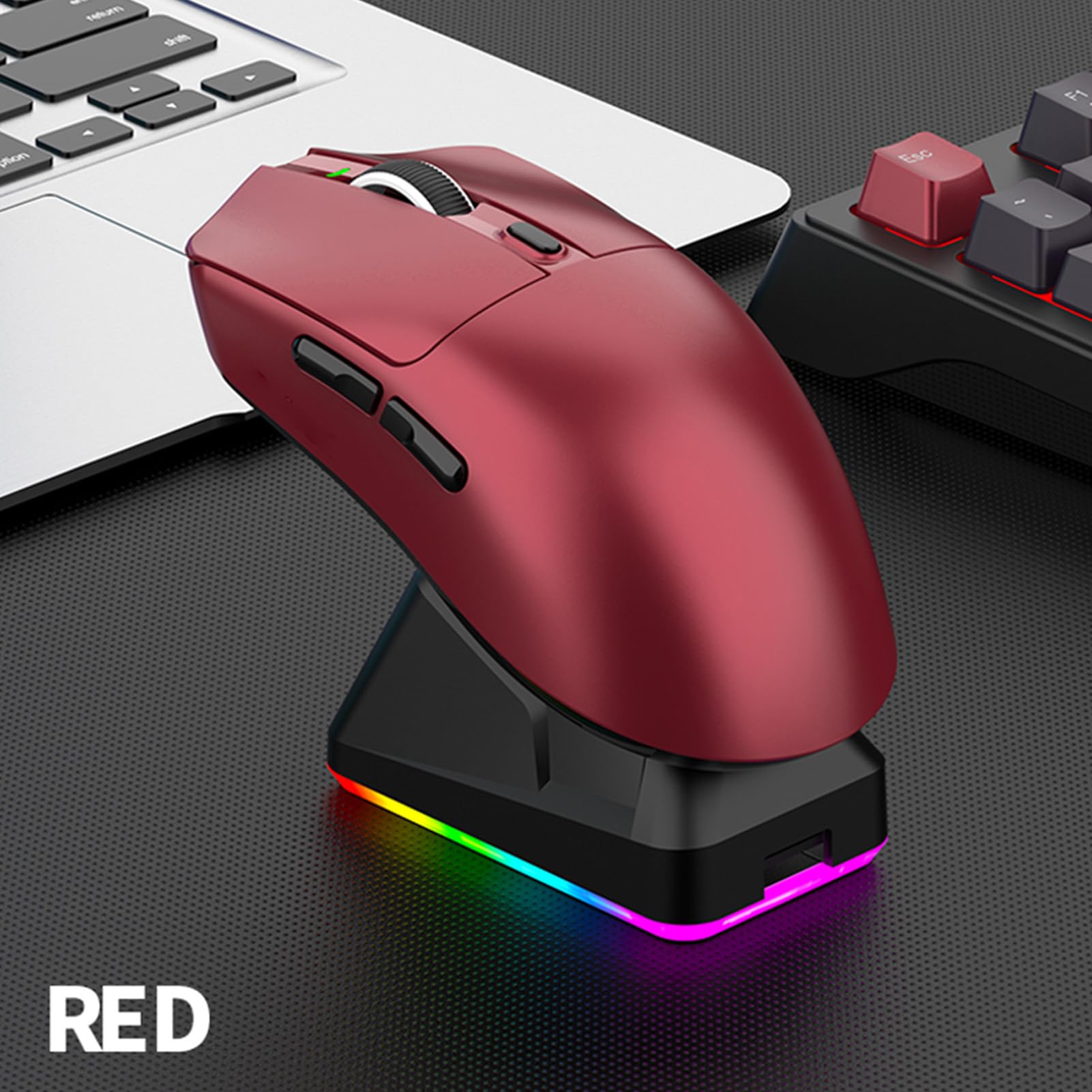 Tosuny Mouse da Gioco Wireless, Mouse da Gioco Tri-mode 2.4G/USB/Bluetooth con Base di Ricarica RGB, 800-12000 DPI, 7 Pulsanti Programmabili, Mouse Ricaricabile per PC Portatile (rosso)