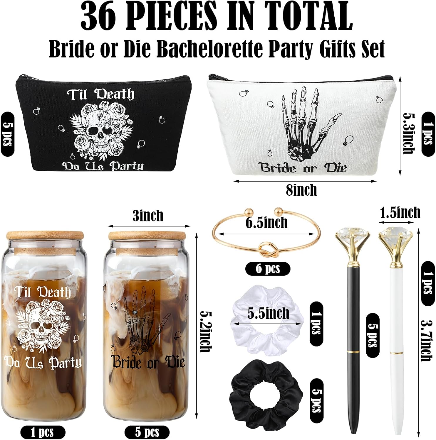 Hushee 30 Pcs Bride or Die Bachelorette Party Supplies Till Death Bridesmaids Gifts 16 oz Glass Cup Makeup Bag Scrunchy Knotted Bracelet Diamond Pen for Gothic Halloween Bridal Shower Wedding Supplies image 3