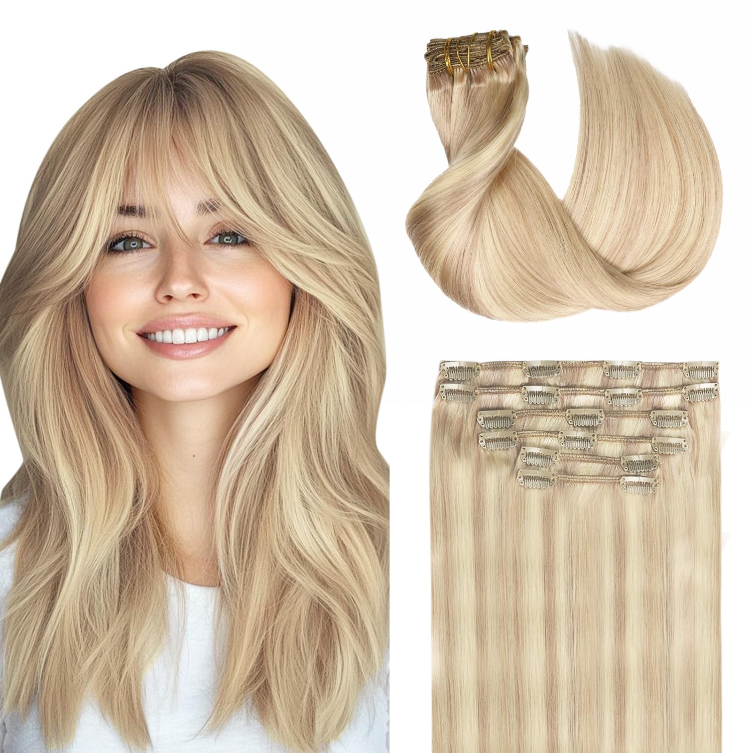 SURNEL Seamless Clip in Human Hair Extensions 20Inch 120G 6Pcs Blonde Highlight Clip in Extensions Remy Full Head for Thin Hair Skin Weft (C#18P613,20'')