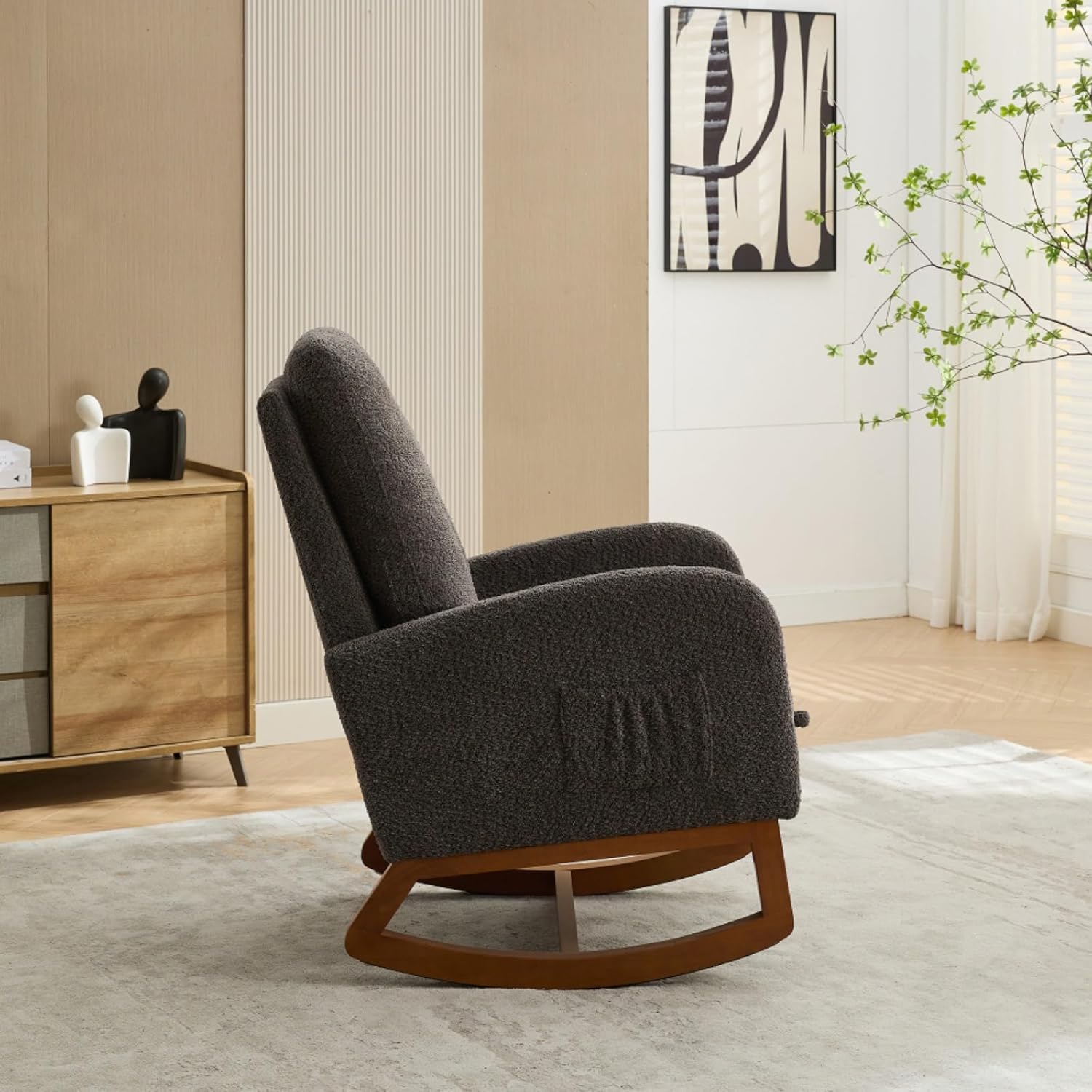 25.4" W Rocking Chair for Nursery, High Back Glider Chair with Retractable Footrest, Side Pocket, Rocking Accent Armchair with Rubber Wood Legs for Living Room/Bedroom (Charcoal)