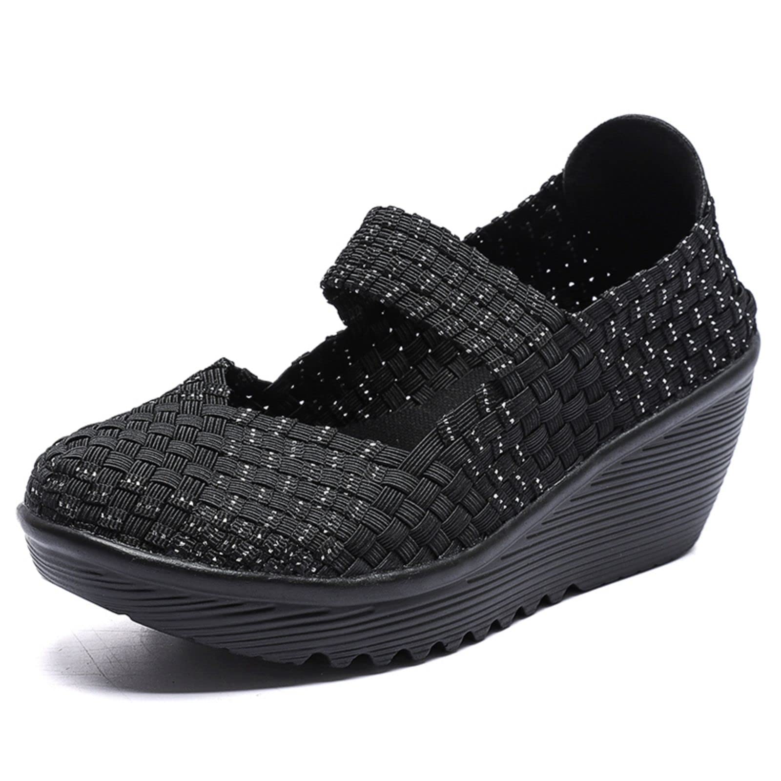 Women's Platform Wedge Sandals Woven Elastic Pumps Comfortable Mary Jane Shoes for Walking Casual Wear