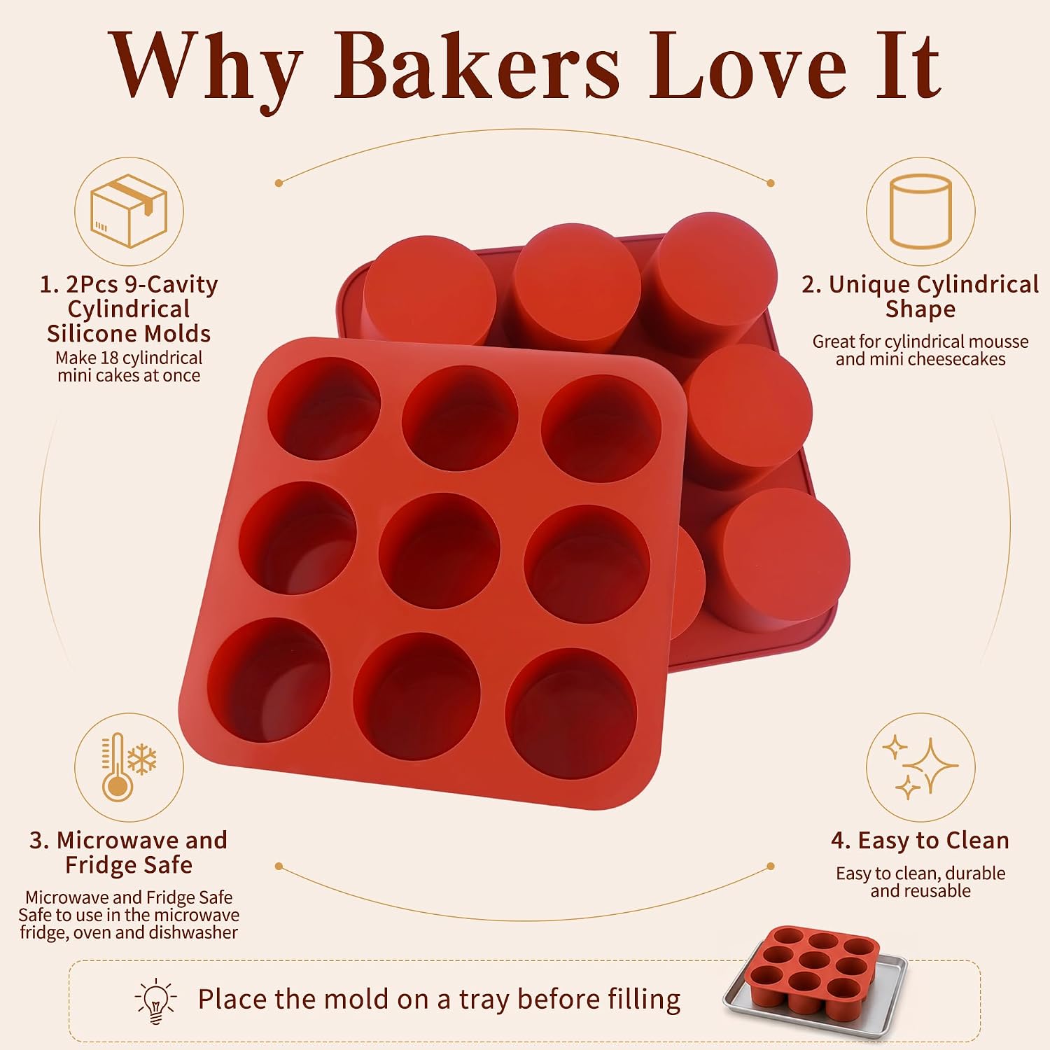 2Pcs Tall Cylinder Silicone Molds for Mousse Cake, 9-Cavity 3D Cylinder Shape Silicone Baking Mold for Mini Cheesecake, Brownie, French Dessert Pastry