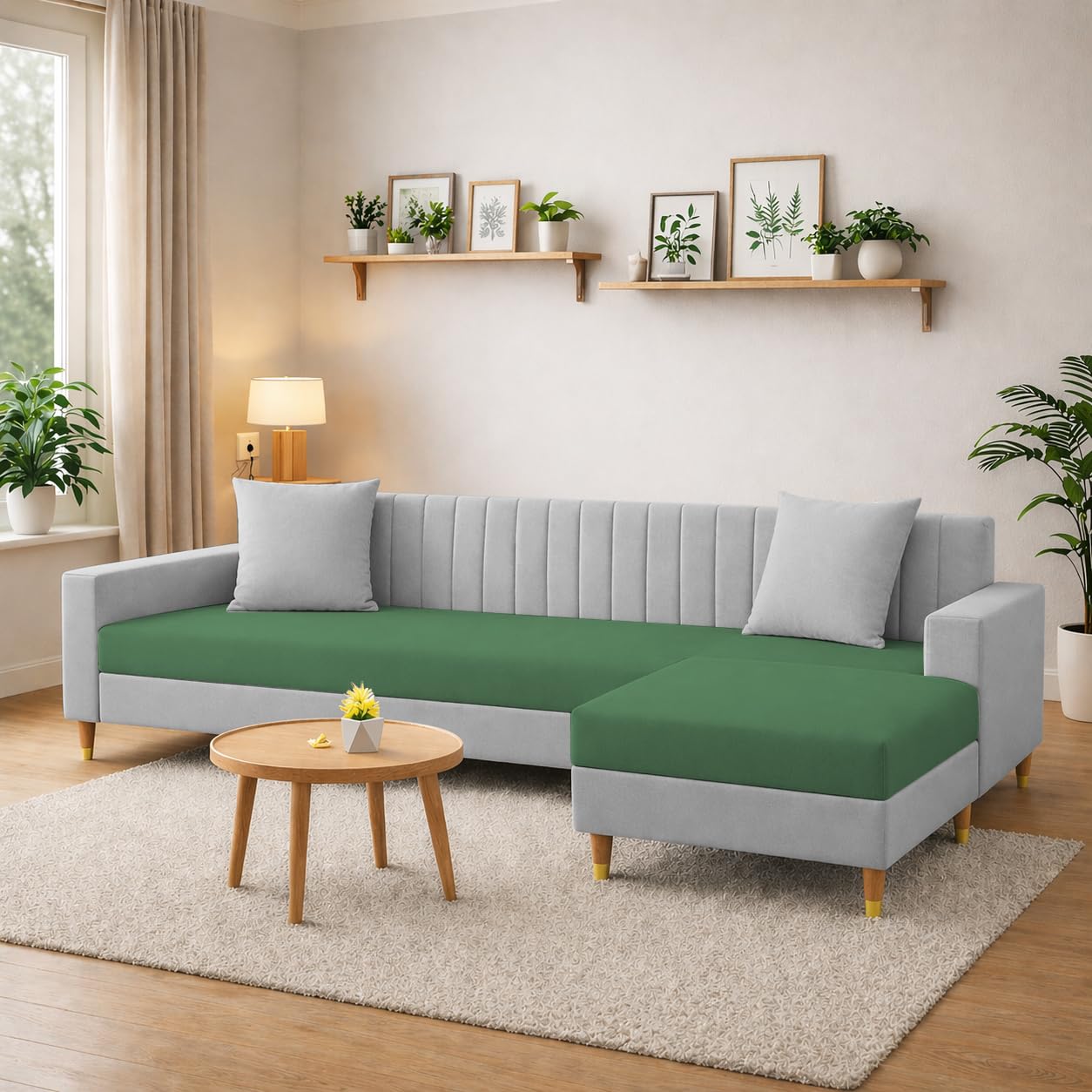 Casaliving Garcia 4 Seater L Shape Convertible Sofa Set for Living Room, 3 Seater & Ottoman Modular Sectional Couch for Small Space (Green Grey Colour)