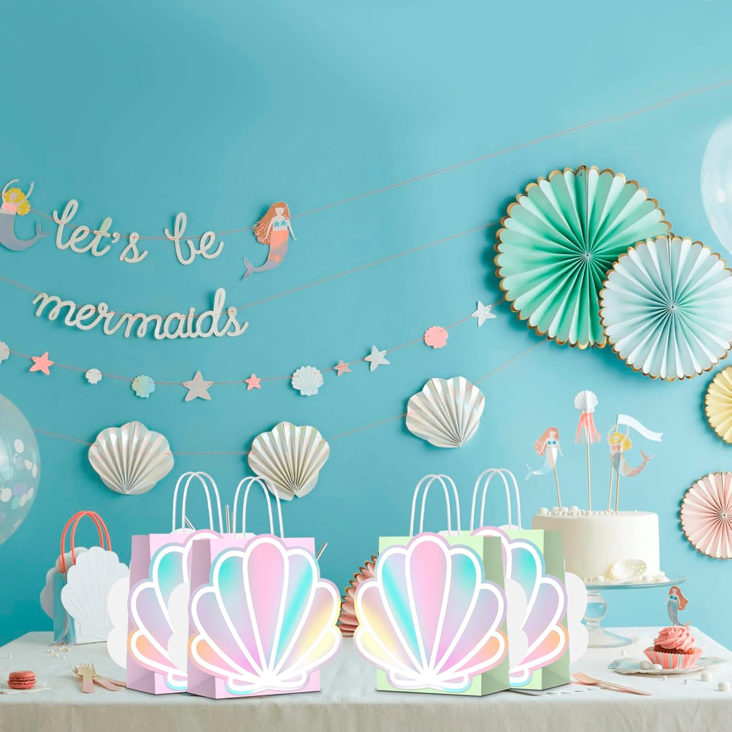 24 Pack Sea Shell Gift Bags For Mermaid Goodie Bags Party Favor Iridescent with Handle for Under The Sea Party Summer Ocean Beach Celebration Supplies - Image 6