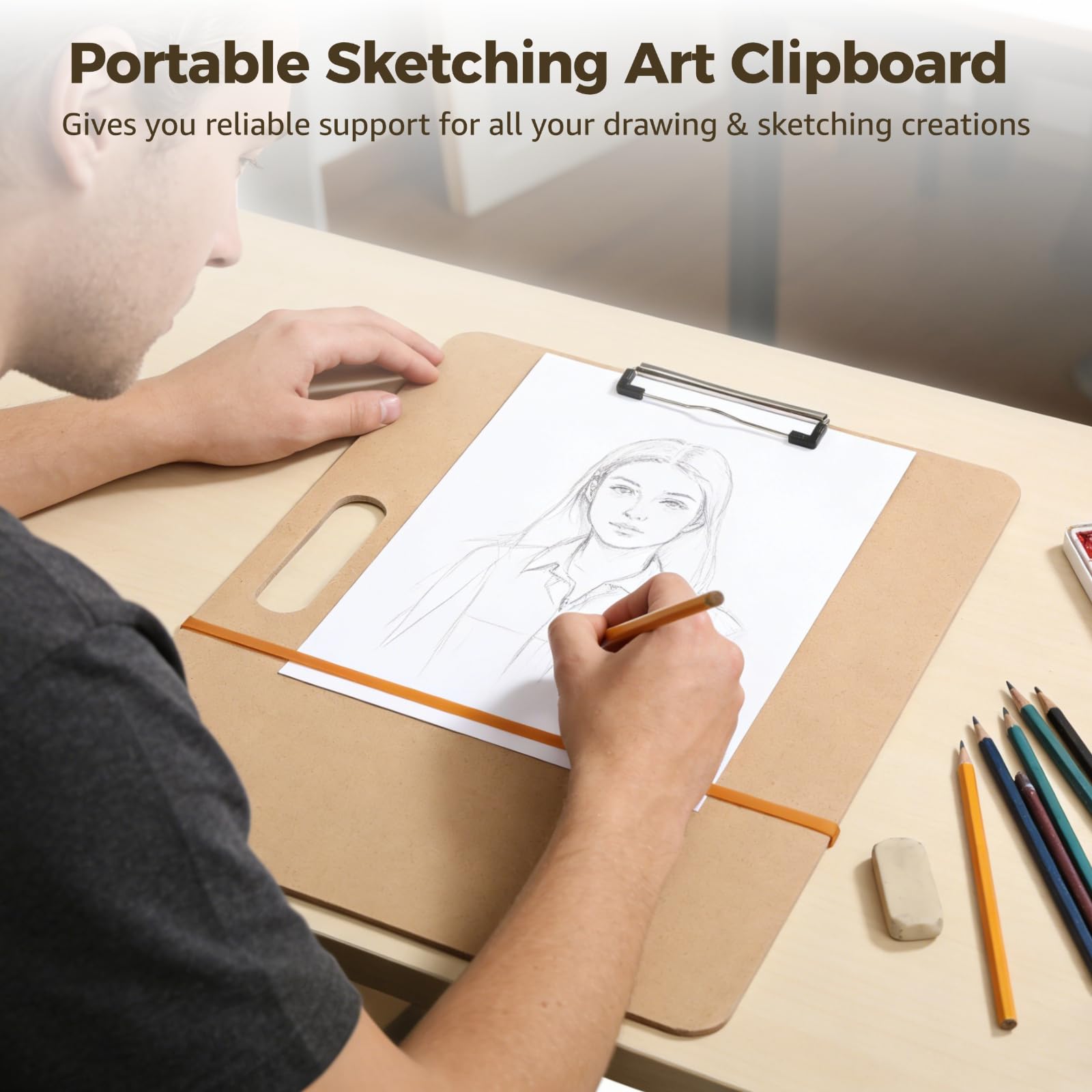 Lot de 2 planches à dessin avec poignée, format 12,8 x 16,8 pouces, planche à croquis portable pour artistes, clip métallique et bande élastique inclus, pour la classe et les croquis en voyage