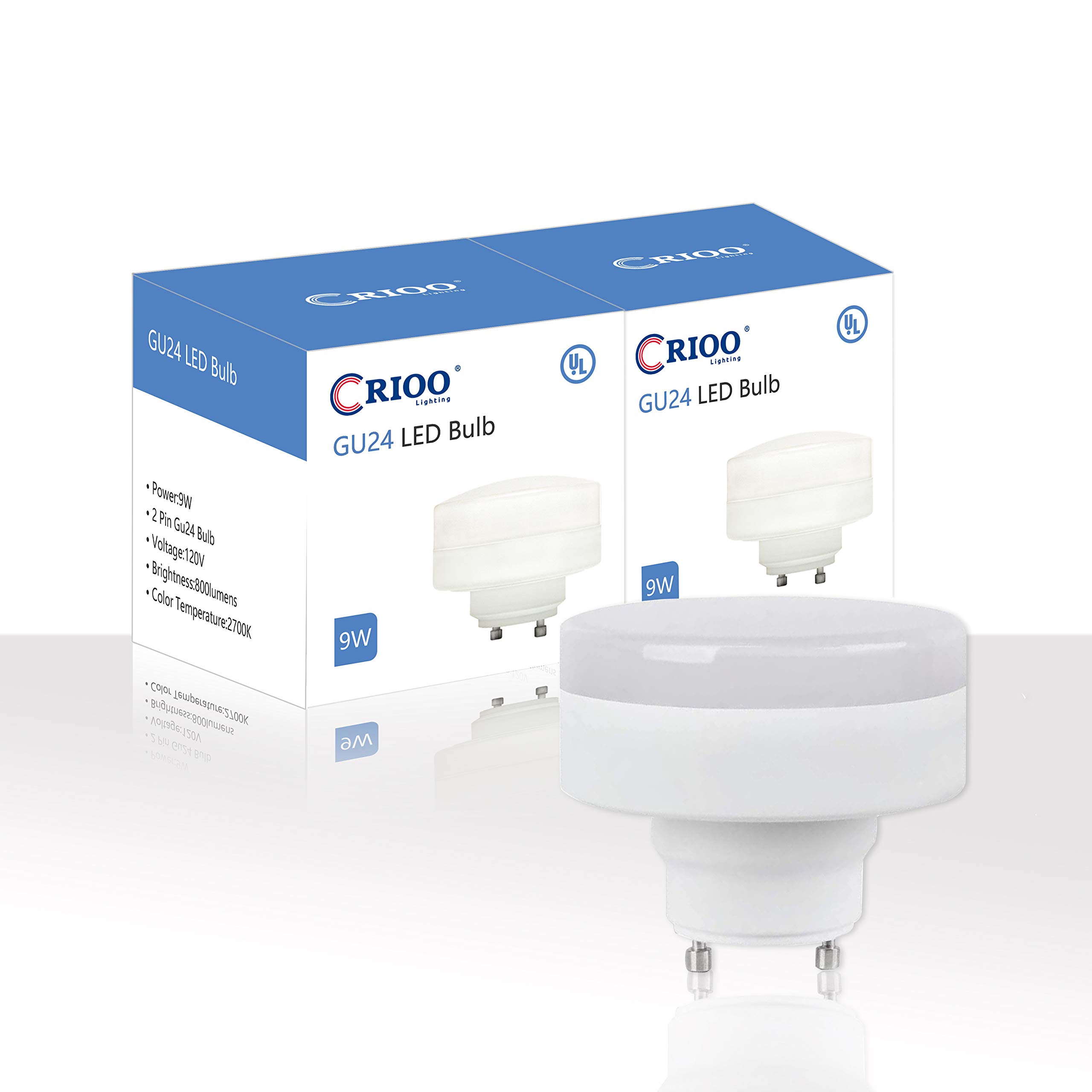 CRIOO GU24 LED Puck Light Bulb, 9W(60w CFL Equivalent), 2700K, 800LM, UL Listed, 2 Prong Light Bulbs for Home Kitchen Closet, Mini Twist Lock Spiral Low Profile Squat Bulb (2 Pack)