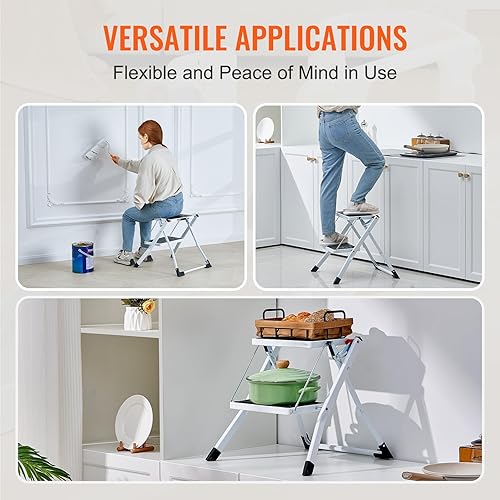Miniatura 6 de VEVOR Escalera escalonada de 2 escalones de capacidad de 330 libras, taburete de acero plegable ergonómico con pedal antideslizante ancho, taburete