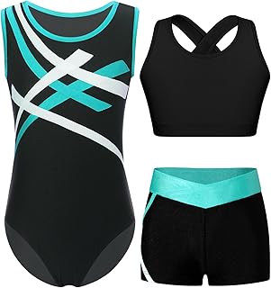 Ropa de ballet infantil para niñas, sin mangas, traje de ballet a rayas, patchwork, traje de baile cruzado, sujetador deportivo, pantalones cortos elásticos, traje de baile de 3 piezas