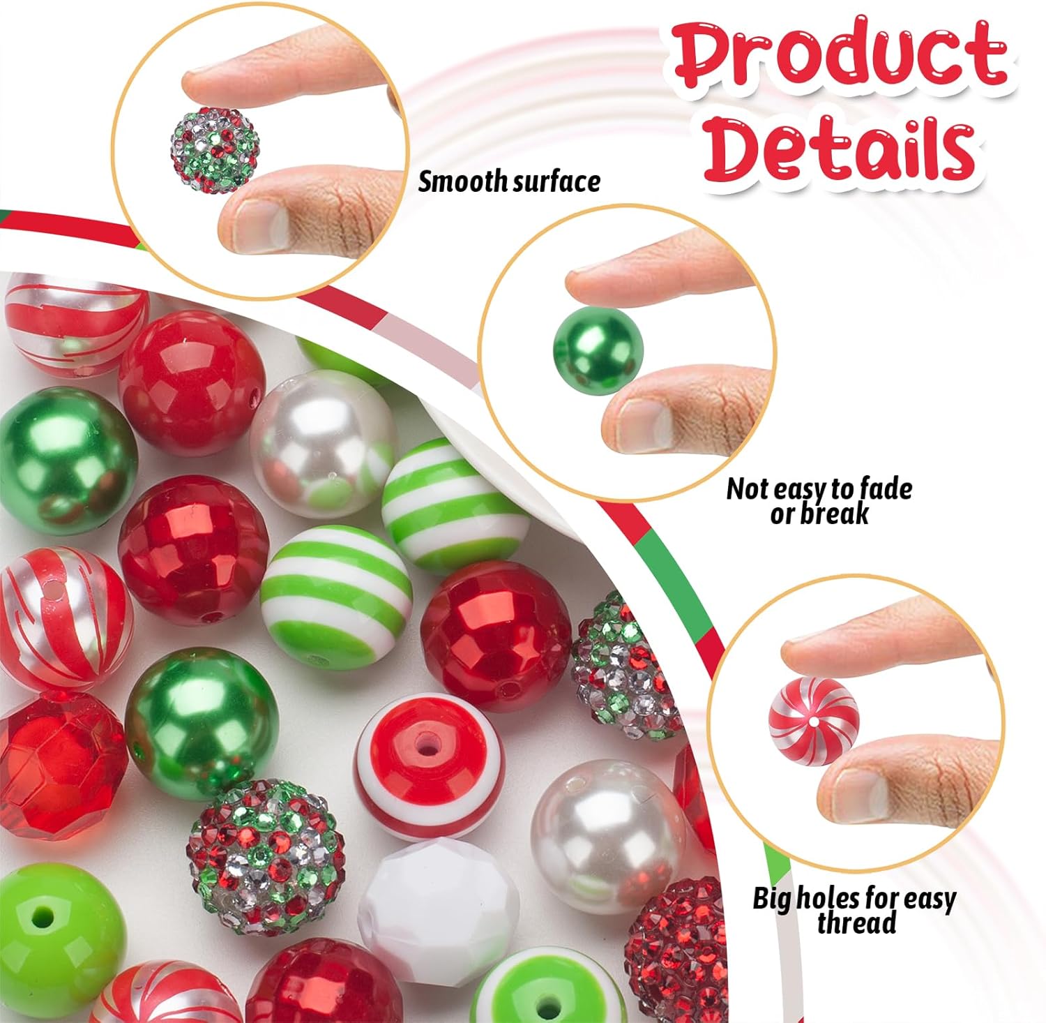 20 mm Bubblegum Beads for Pens Making, 50 PCS Large Focal Pen Beads Bulk, Chunky Christmas Bubble Gum Bead Mix, Colorful Rhinestone Bead for Crafts, Jewelry Making, Keychain, Bracelets, Necklaces - Image 3