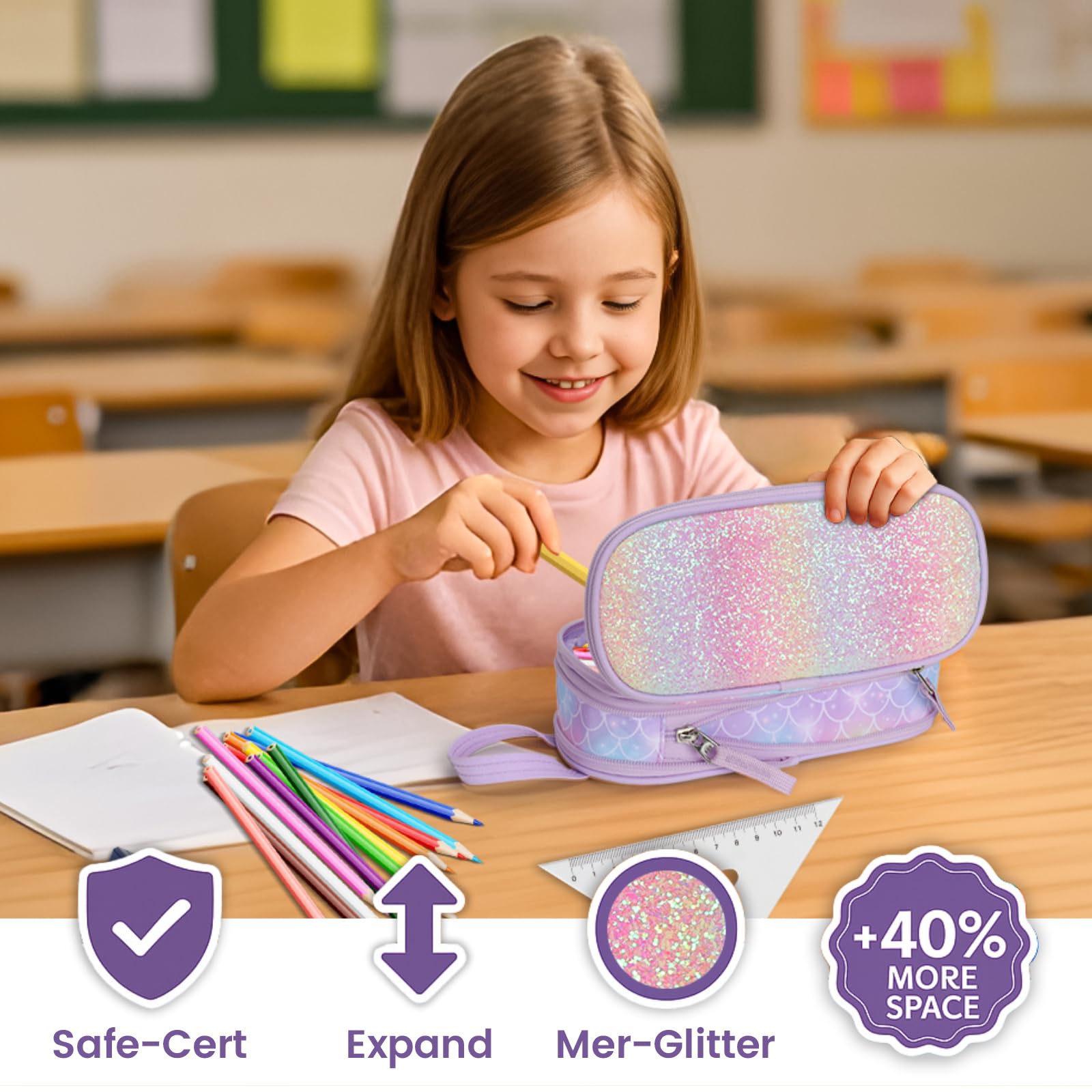Bagseri Trousse à crayons extensible de grande capacité pour filles et enfants, trousse à crayons pour étudiants, fournitures scolaires et de bureau, trousse uniquement (violet, écailles de sirène)