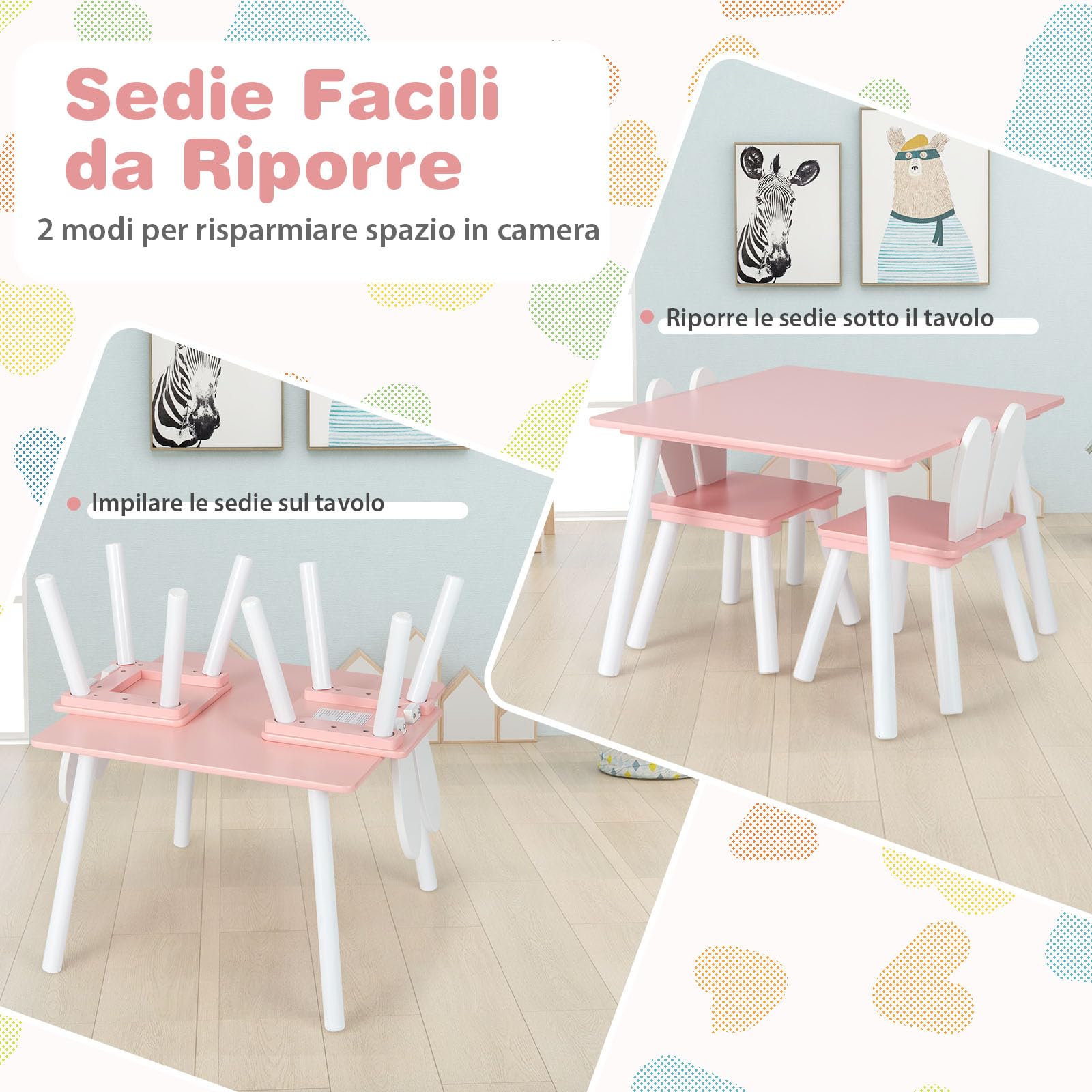 RELAX4LIFE Tavolino Bambini con 2 Sedie con Orecchie da Coniglio, Set Tavolo e Sedie in Legno per Bambini 3-6 Anni, Design Compatto, Tavolino per Giocare, Disegnare e Leggere, Porta 40 KG (ROSA)