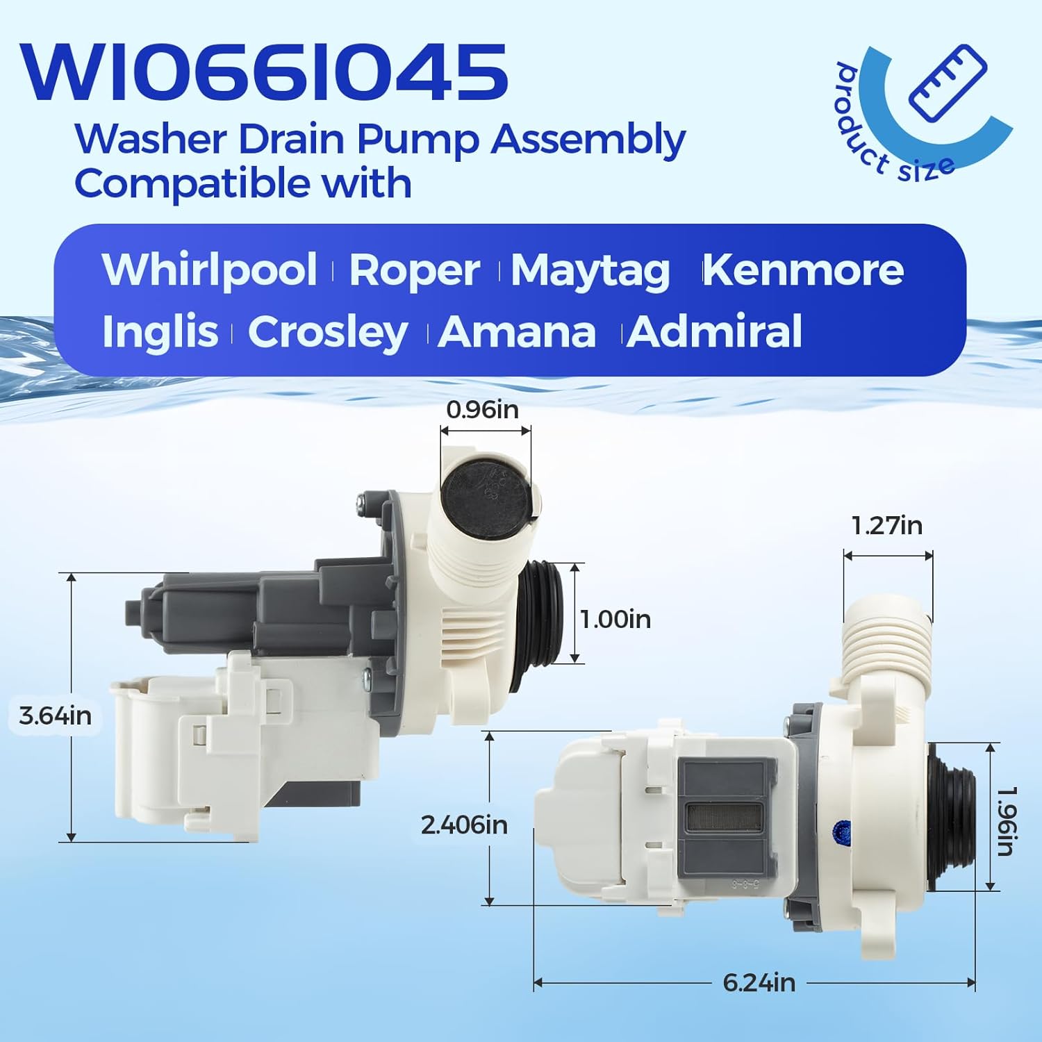 OEM W10661045 W10614033 W10215134 Washer Drain Pump Compatible with Whirlpool Amana Crosley Maytag Inglis Kenmore Admiral Washer, Replacement Part WPW10661045 3554974 AP6023670 PS11757016 EAP11757016