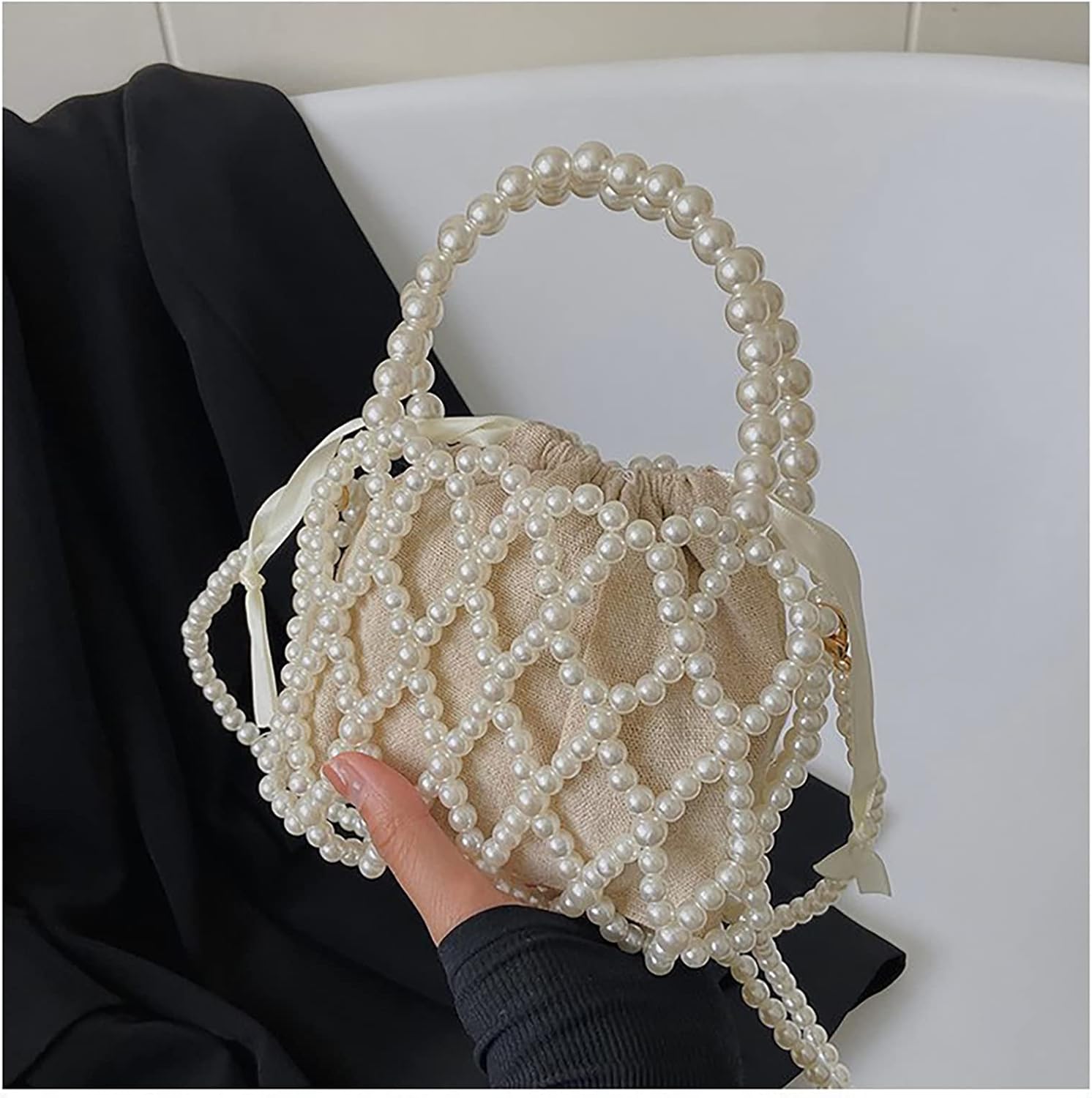 Luxury Pearl Bag Chain Bag Purse Bags, Artificial Pearl Clutch Handmade Bags Evening Bags for Wedding Bridal Party Travel 5.1x5.9in - Image 5
