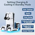Support PS5/PS5 Slim/PS5 Pro et station de refroidissement avec station de charge de manette LED pour console PlayStation 5, chargeur de manette PS5, accessoires PS5/PS5 Slim/PS5 Pro avec ventilateur de refroidissement à 3 niveaux