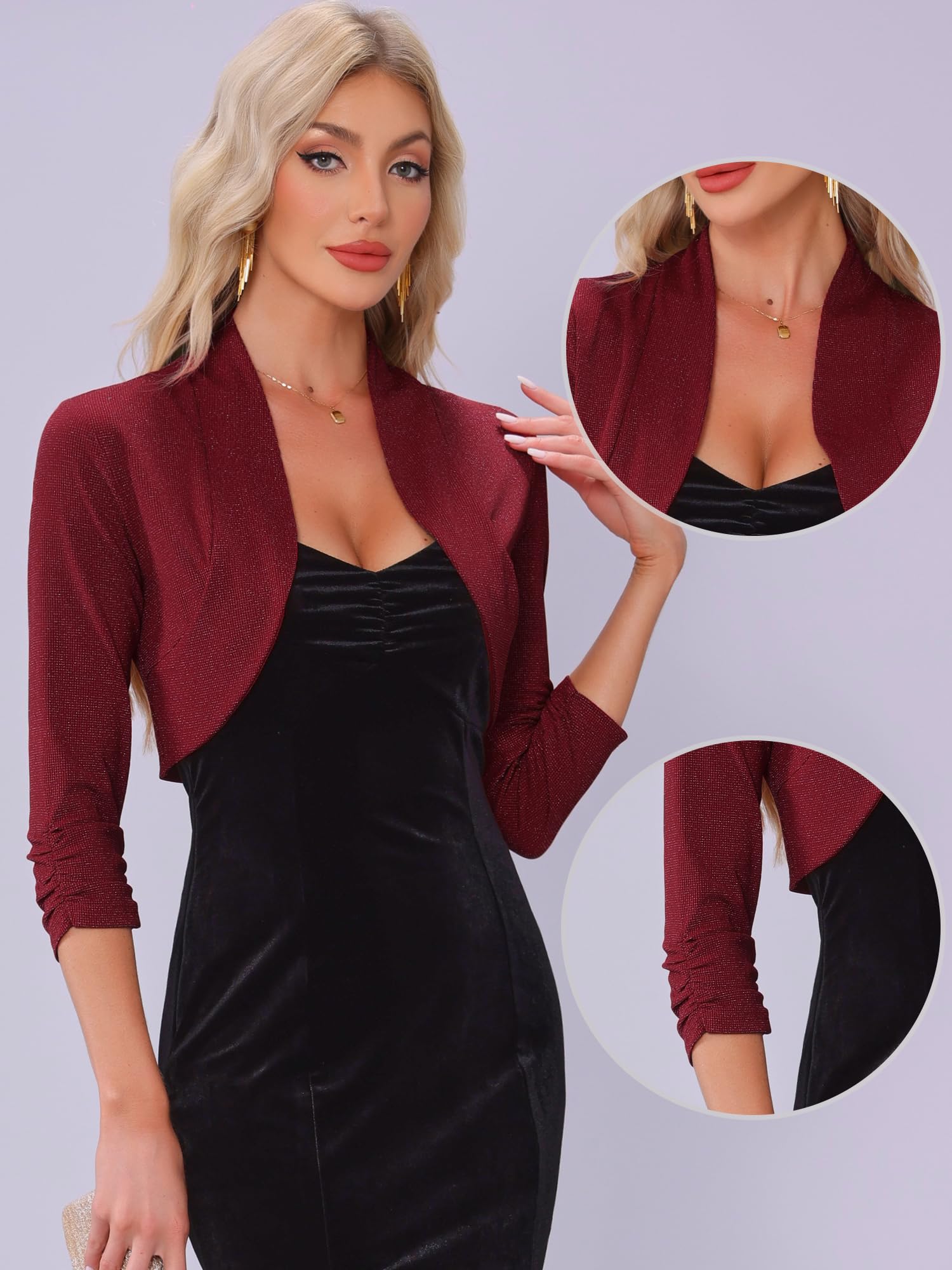 Allegra K Boléro froncé à manches 3/4 pour femme ouvert sur le devant